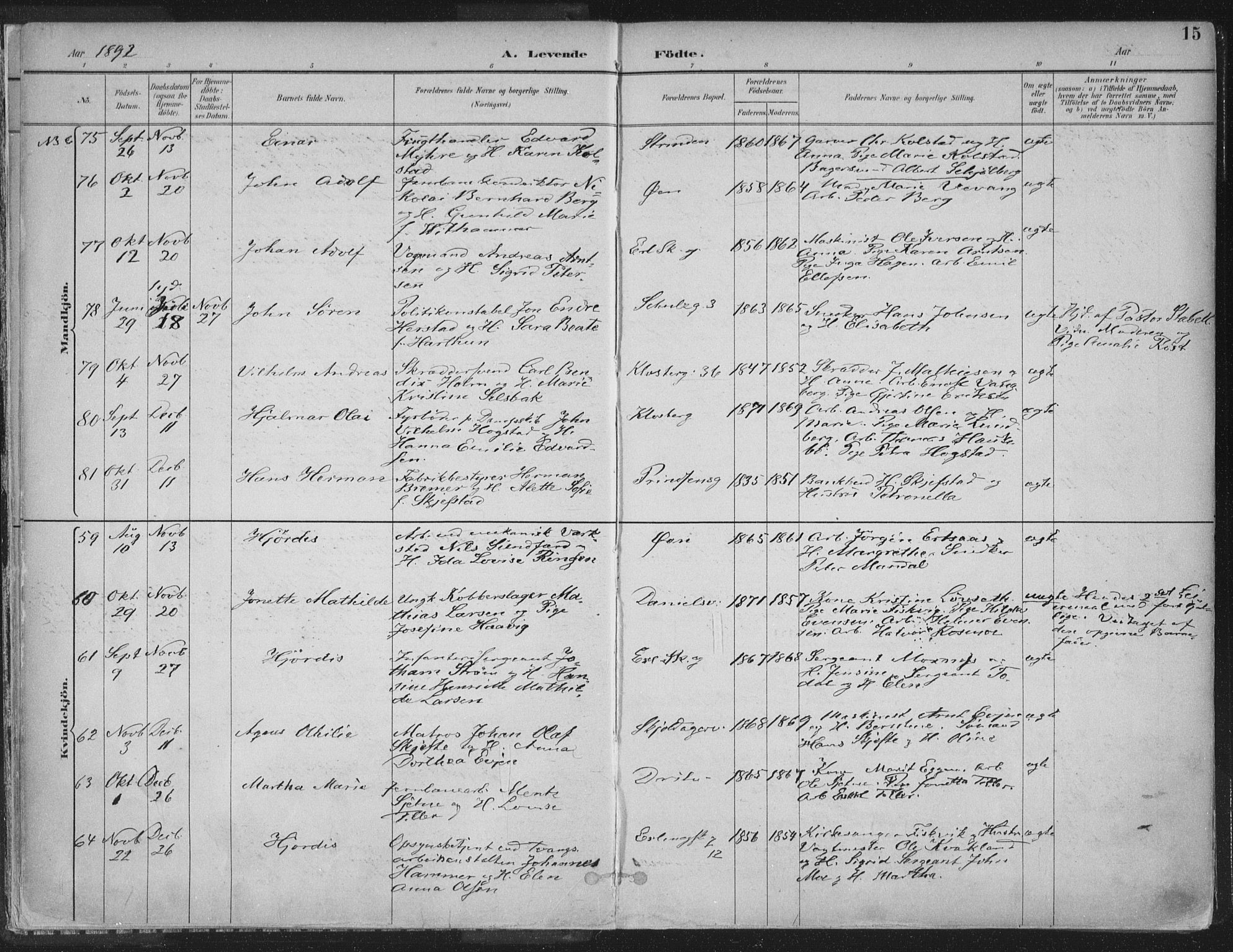 Ministerialprotokoller, klokkerbøker og fødselsregistre - Sør-Trøndelag, SAT/A-1456/601/L0062: Parish register (official) no. 601A30, 1891-1911, p. 15