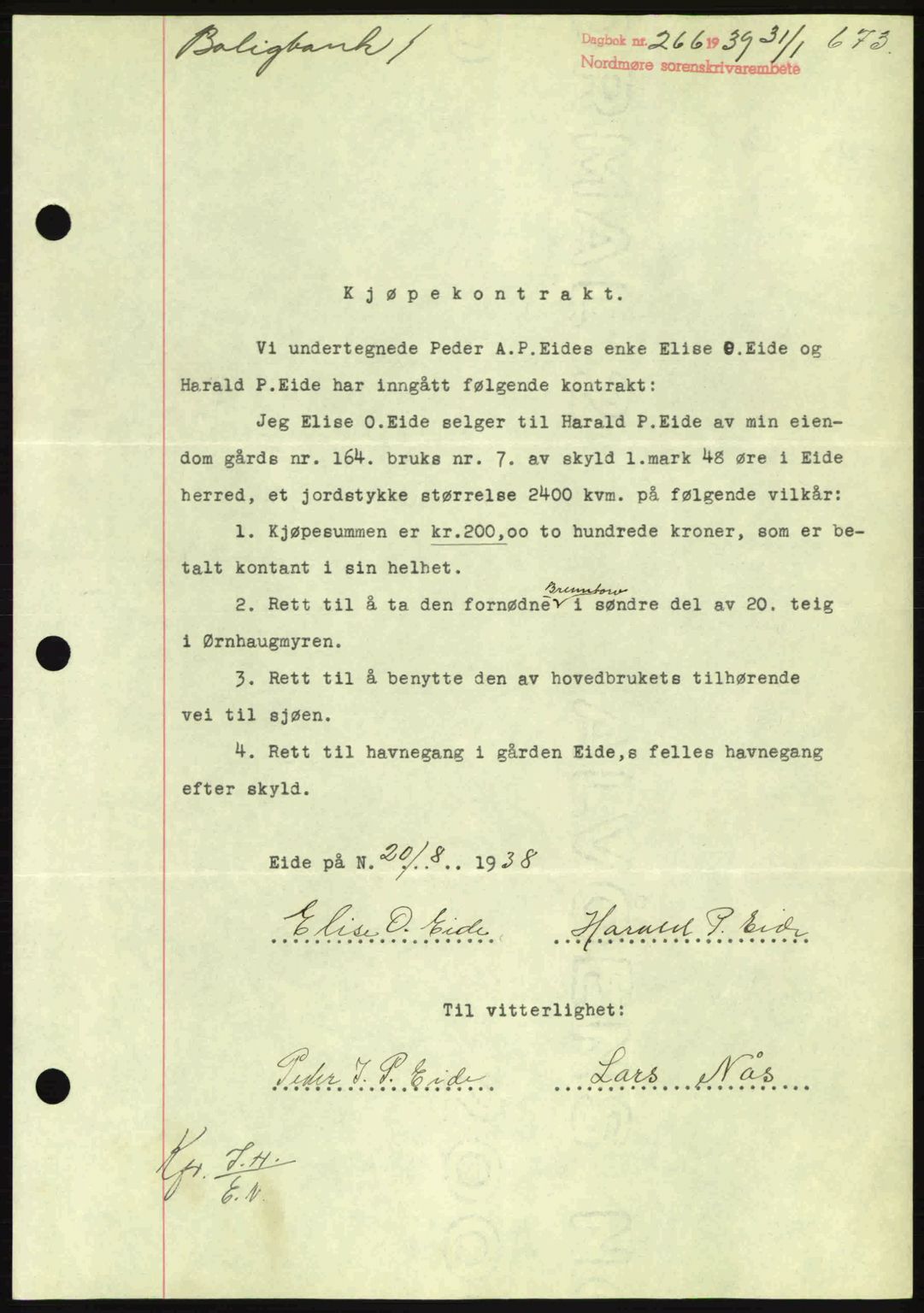 Nordmøre sorenskriveri, SAT/A-4132/1/2/2Ca: Mortgage book no. B84, 1938-1939, Diary no: : 266/1939