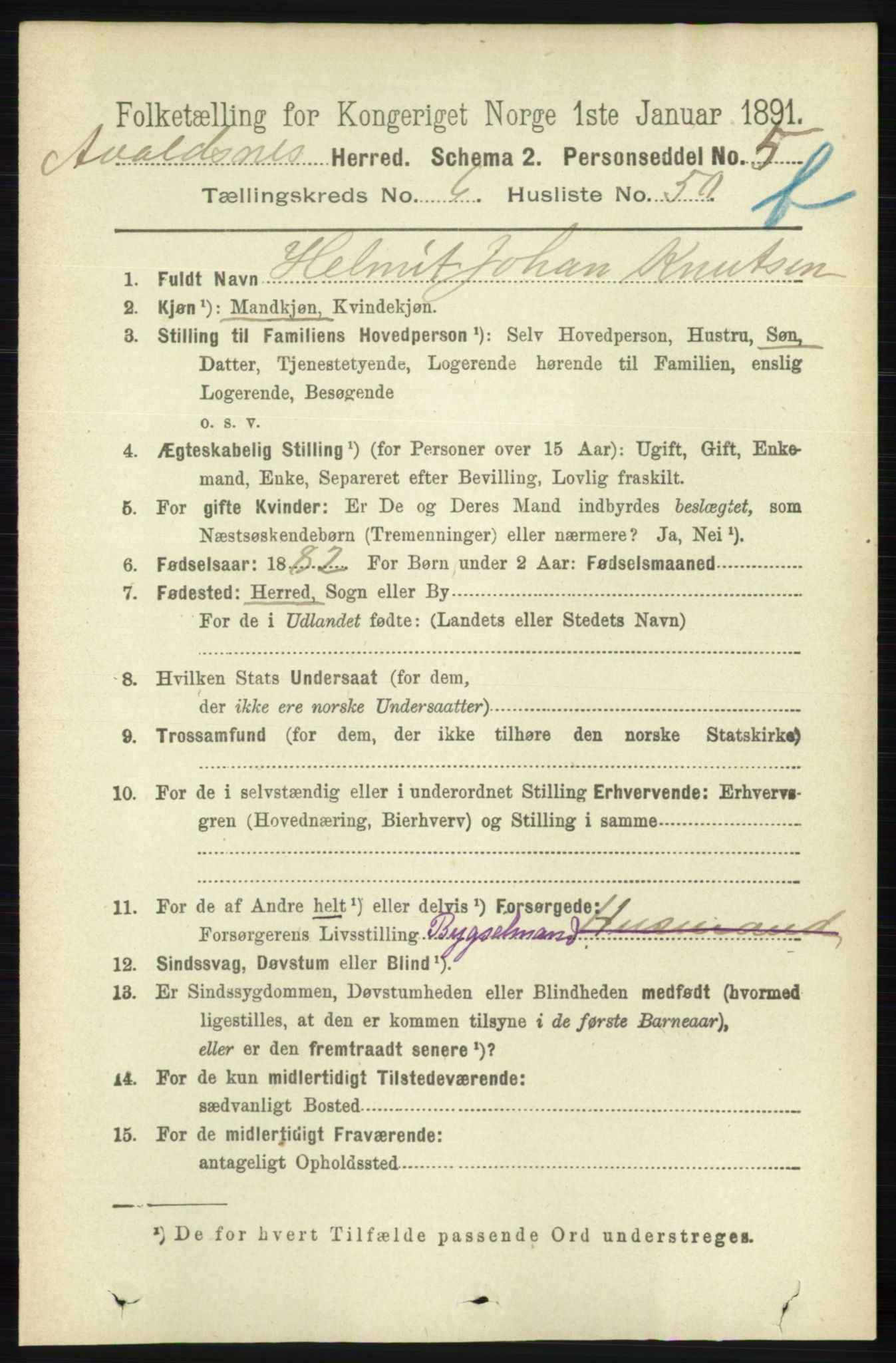 RA, 1891 census for 1147 Avaldsnes, 1891, p. 3522