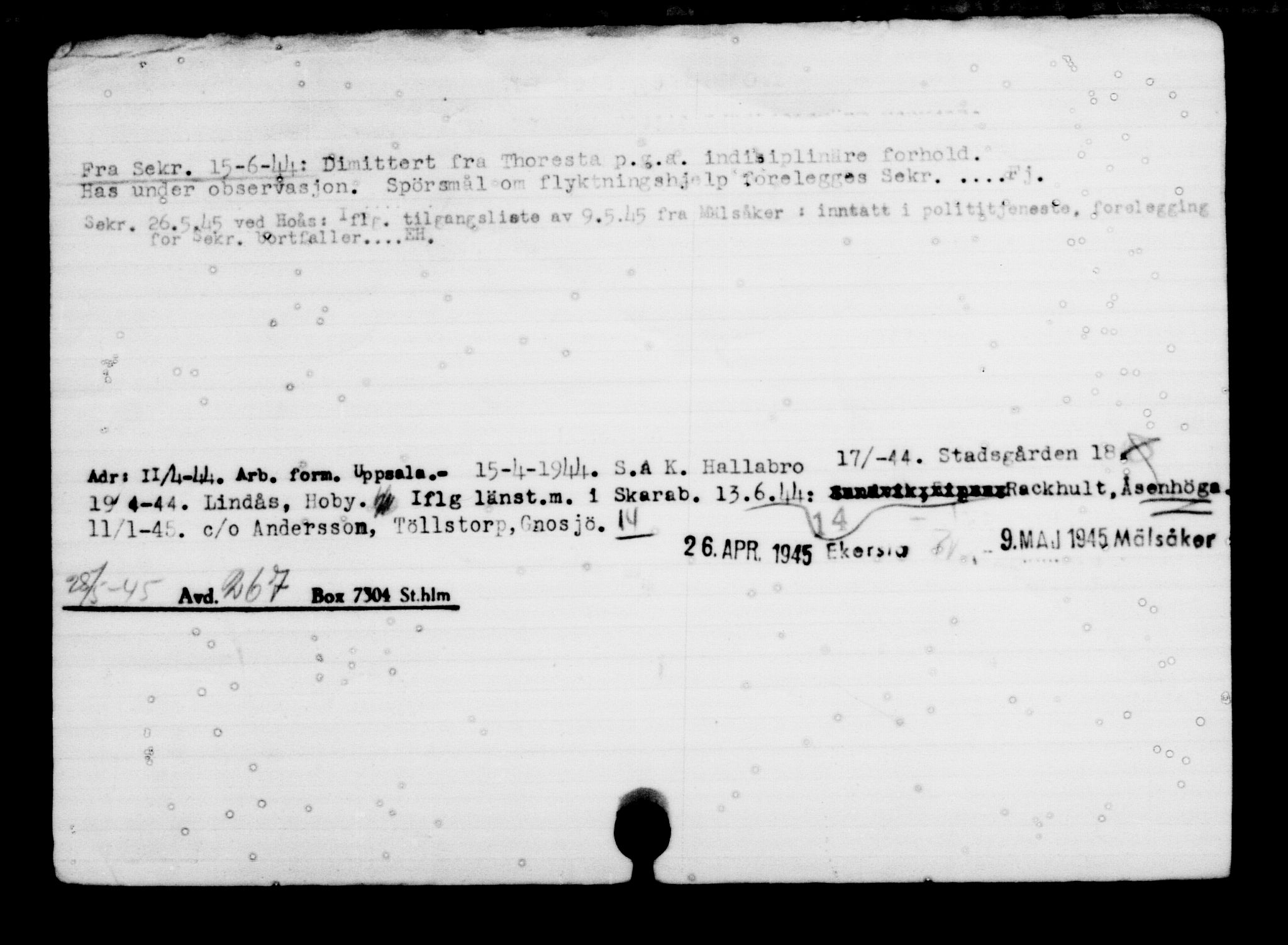 Utenriksstasjonene, Legasjonen i Stockholm, Flyktningkontoret, AV/RA-S-6753/V/Va/L0001: Kjesäterkartoteket, flyktninger med registreringsnr. 1-1000, 1940-1945, p. 95