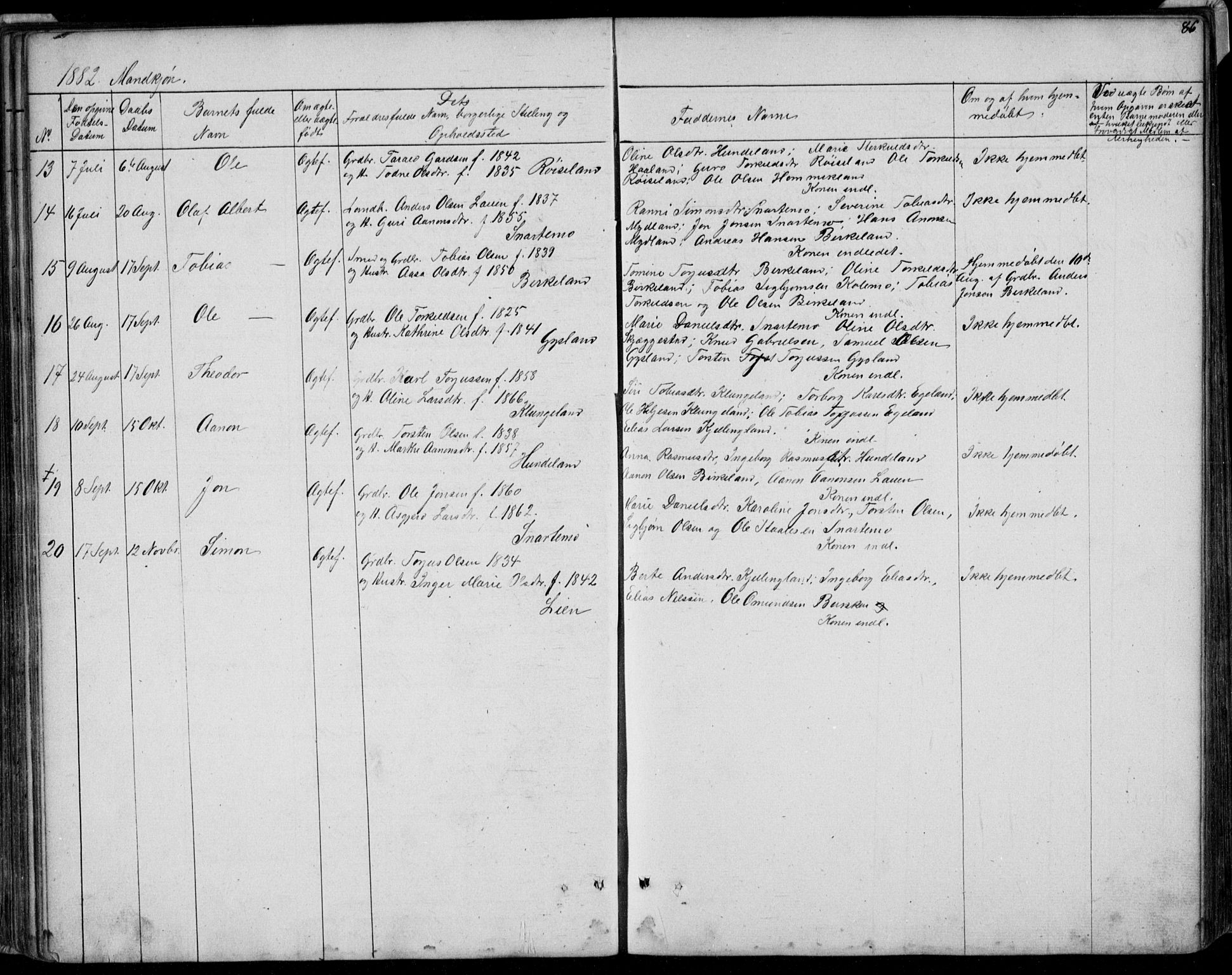 Hægebostad sokneprestkontor, SAK/1111-0024/F/Fb/Fba/L0002: Parish register (copy) no. B 2, 1851-1882, p. 86