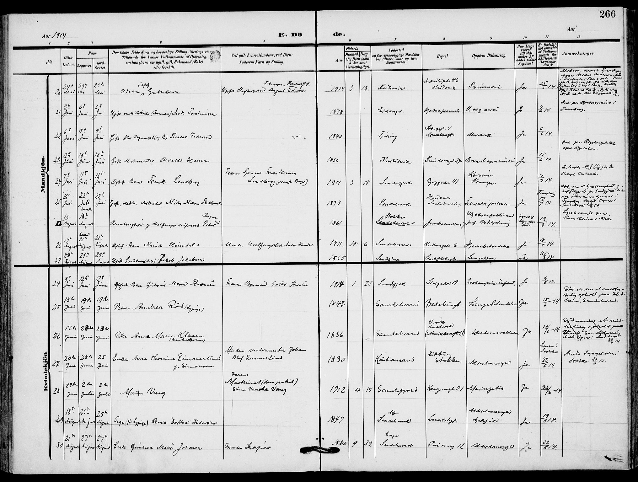 Sandefjord kirkebøker, AV/SAKO-A-315/F/Fa/L0005: Parish register (official) no. 5, 1906-1915, p. 266