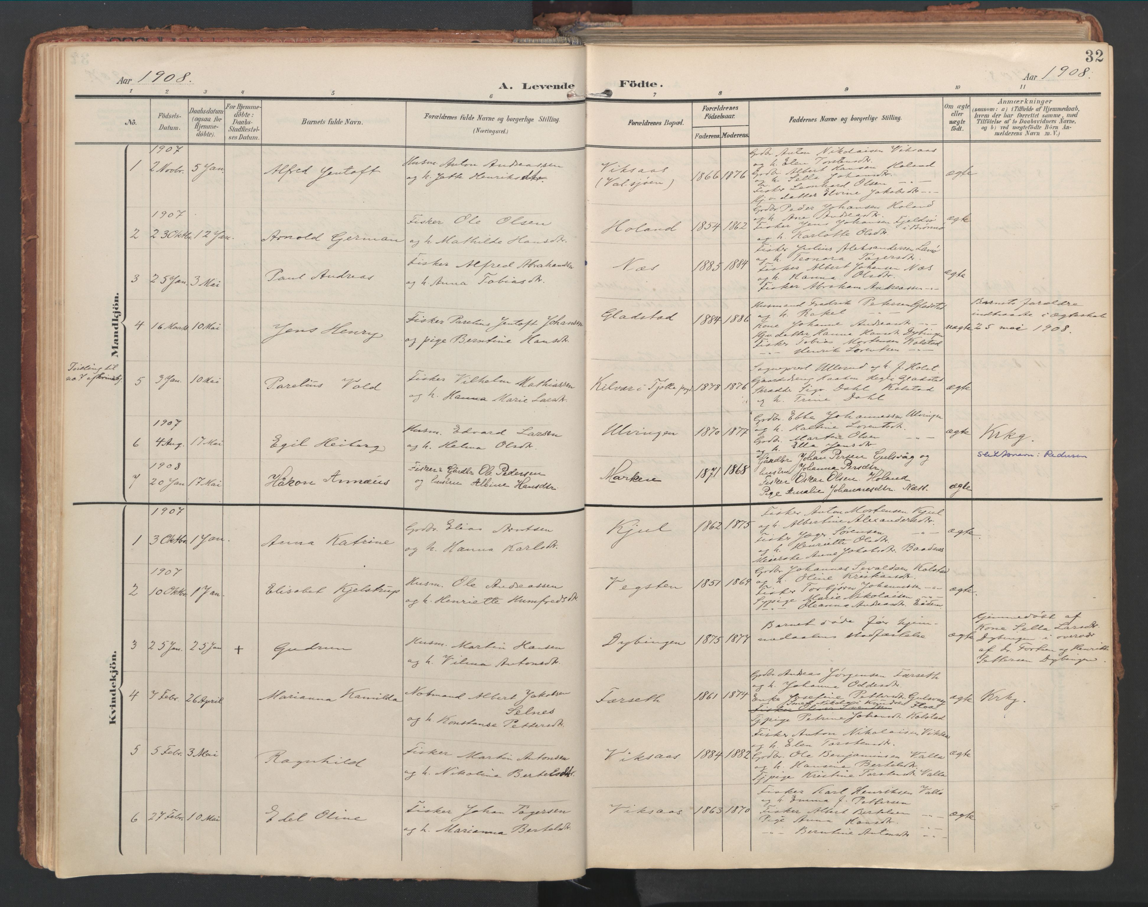 Ministerialprotokoller, klokkerbøker og fødselsregistre - Nordland, AV/SAT-A-1459/816/L0250: Parish register (official) no. 816A16, 1903-1923, p. 32