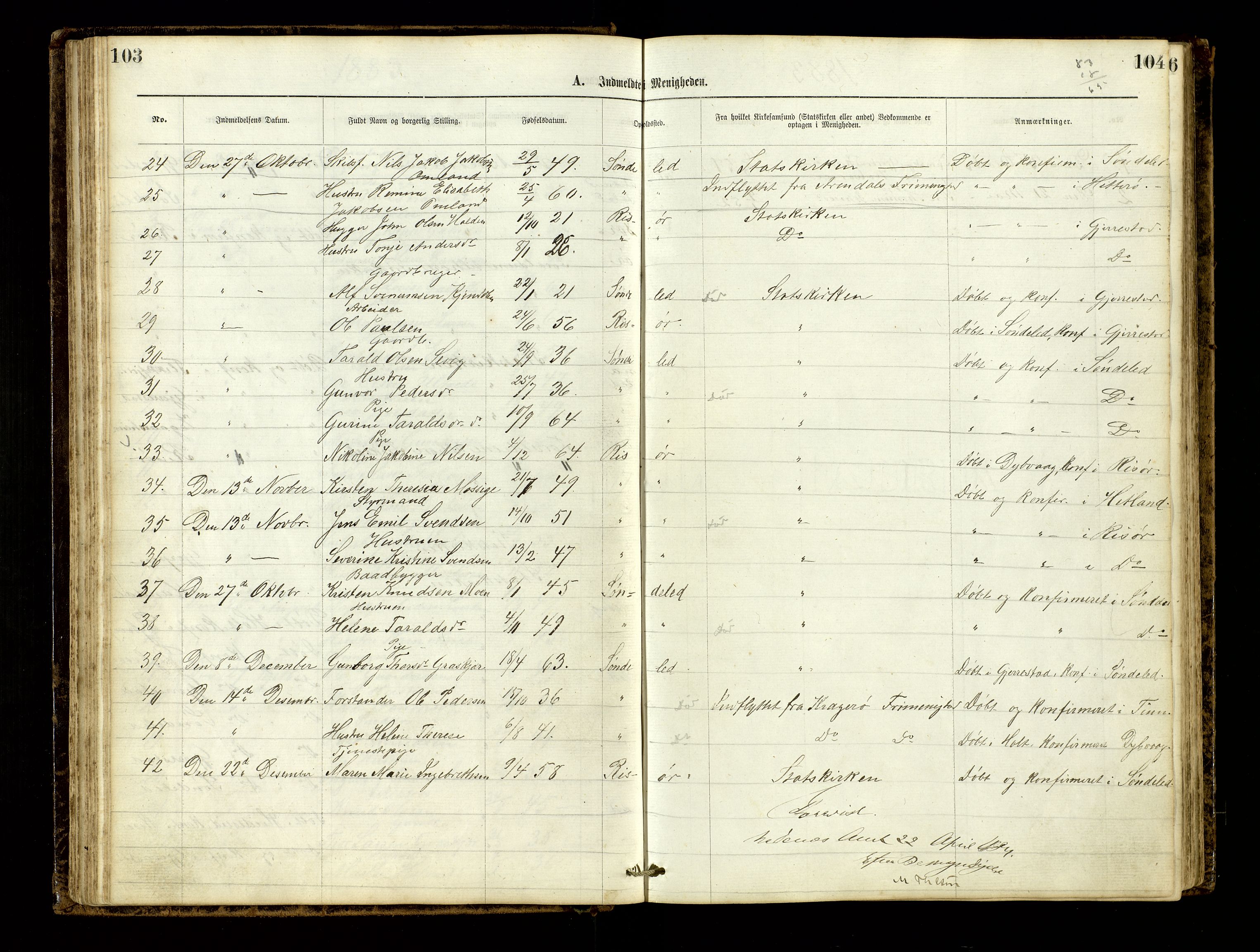 Den evangelisk-lutherske frimenighet, Risør, AV/SAK-1292-0007/F/Fa/L0001: Dissenter register no. F 17, 1877-1892, p. 103-104