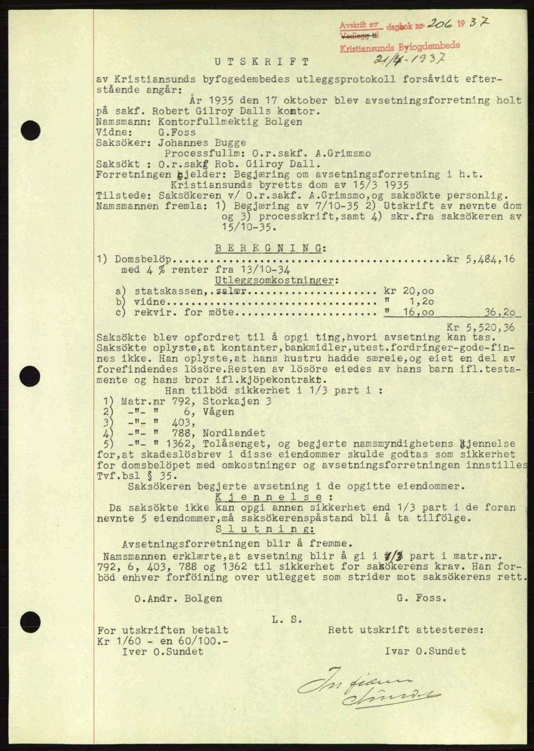 Kristiansund byfogd, AV/SAT-A-4587/A/27: Mortgage book no. 29, 1936-1937, Diary no: : 206/1937