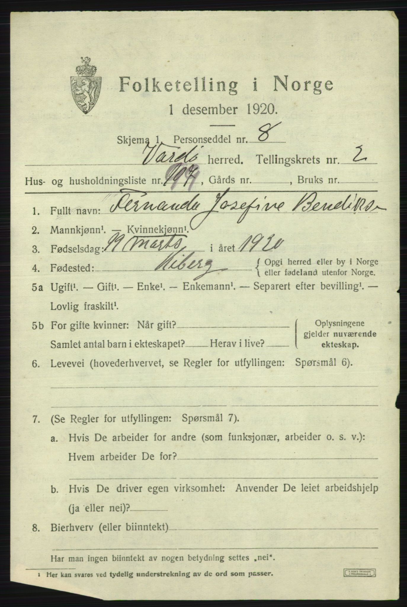 SATØ, 1920 census for Vardø rural district, 1920, p. 1764