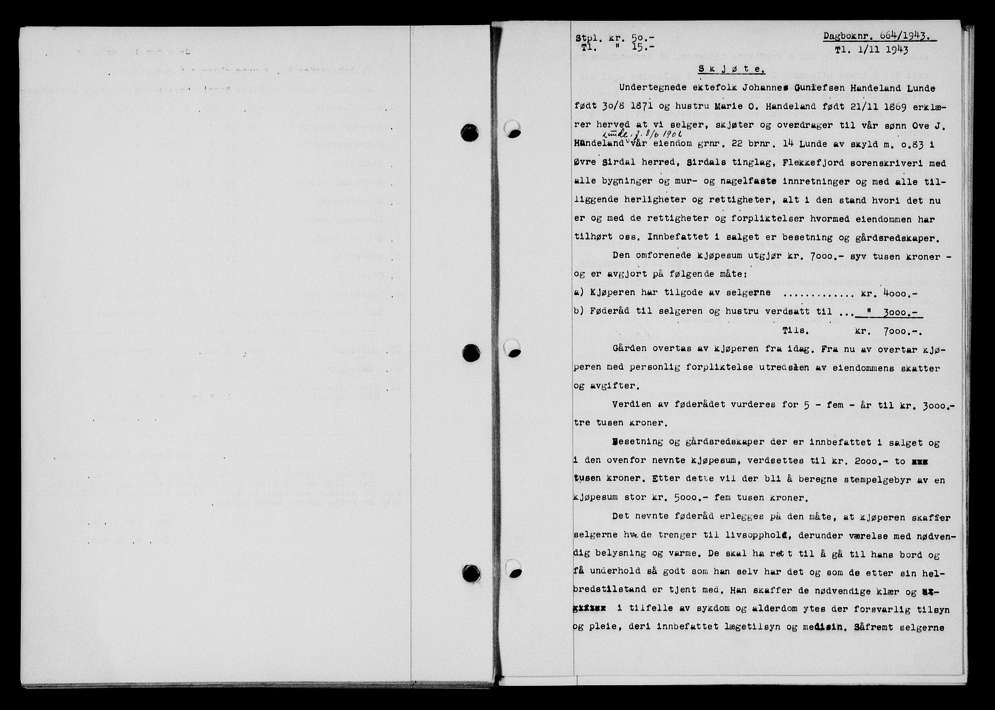 Flekkefjord sorenskriveri, SAK/1221-0001/G/Gb/Gba/L0058: Mortgage book no. A-6, 1942-1944, Diary no: : 664/1943