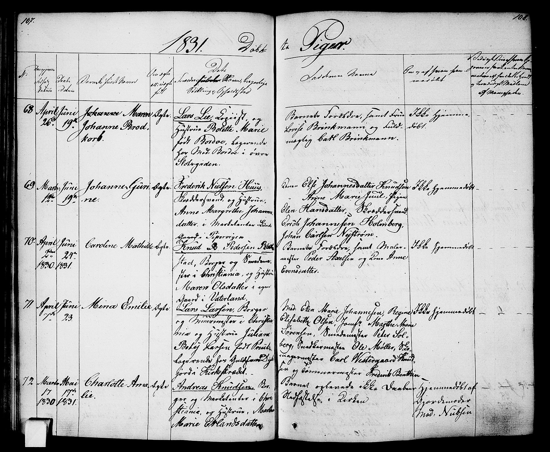 Oslo domkirke Kirkebøker, SAO/A-10752/F/Fa/L0011: Parish register (official) no. 11, 1830-1836, p. 107-108