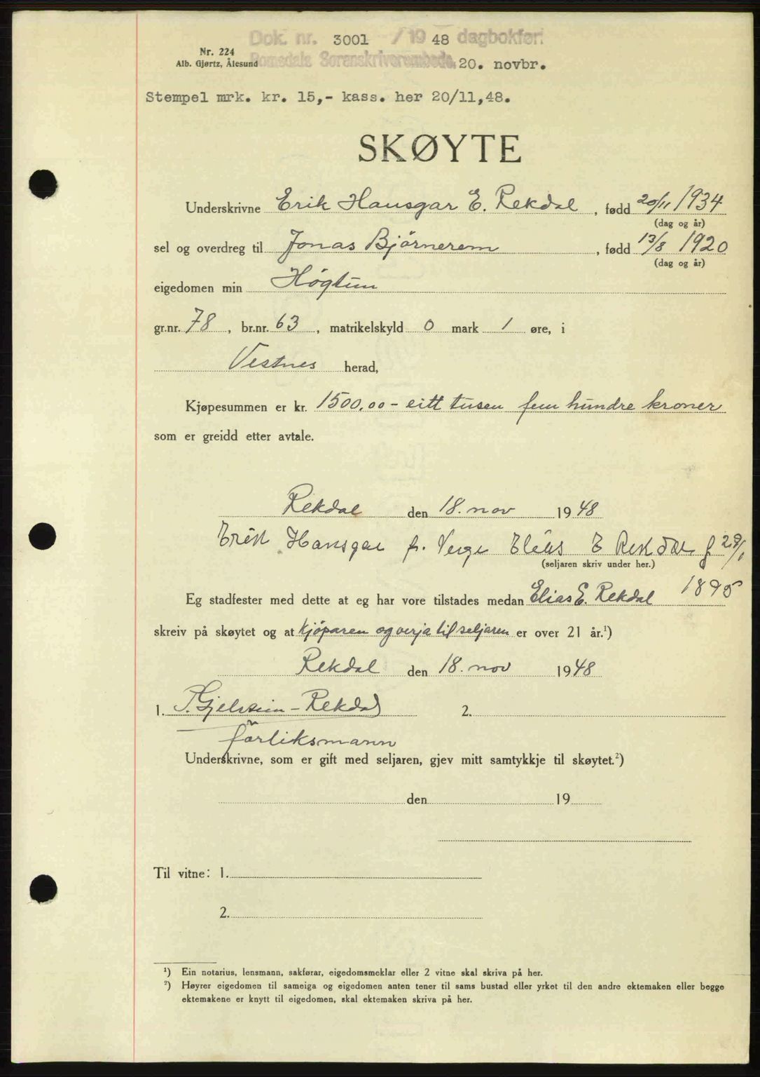 Romsdal sorenskriveri, AV/SAT-A-4149/1/2/2C: Mortgage book no. A27, 1948-1948, Diary no: : 3001/1948