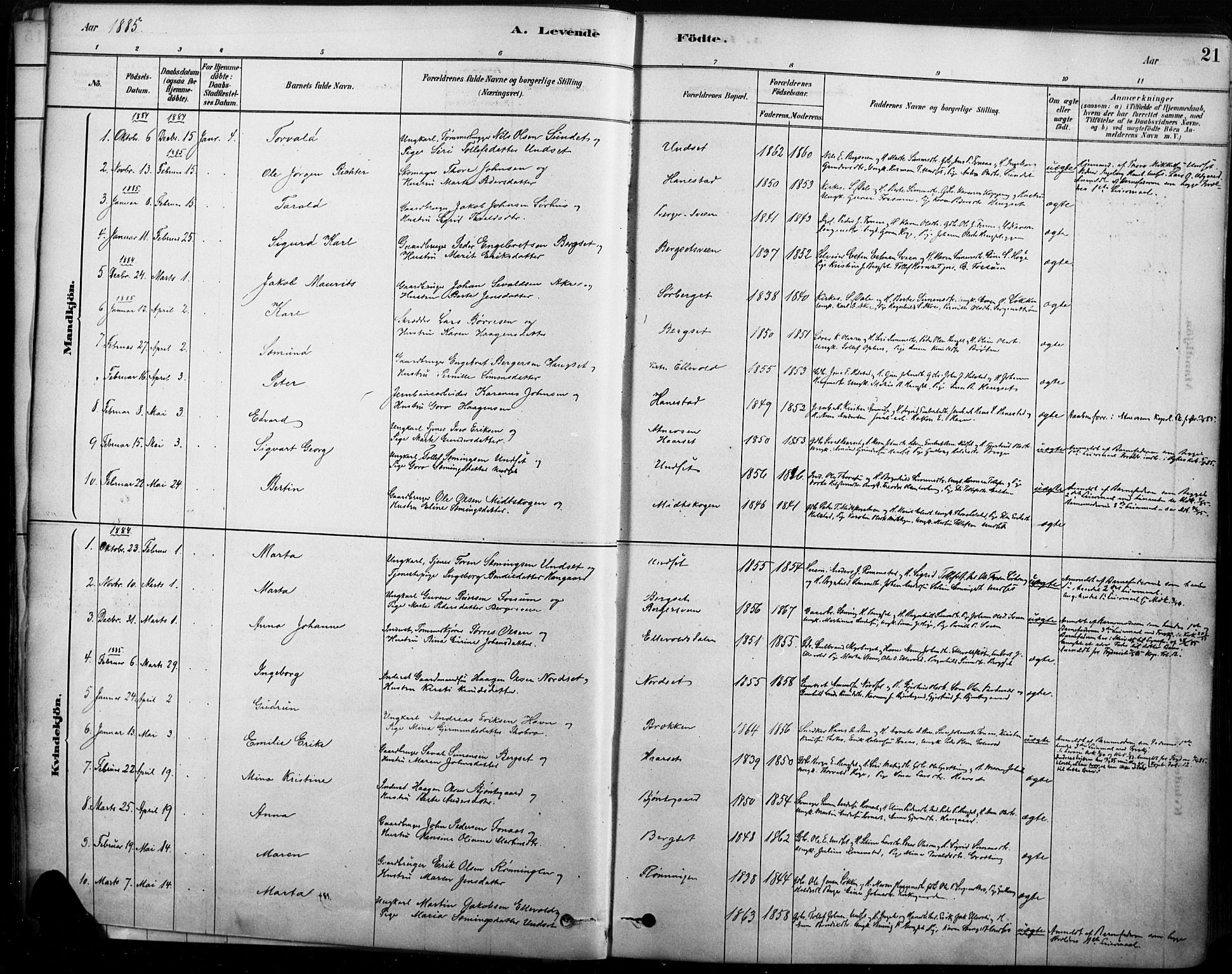 Rendalen prestekontor, SAH/PREST-054/H/Ha/Haa/L0009: Parish register (official) no. 9, 1878-1901, p. 21