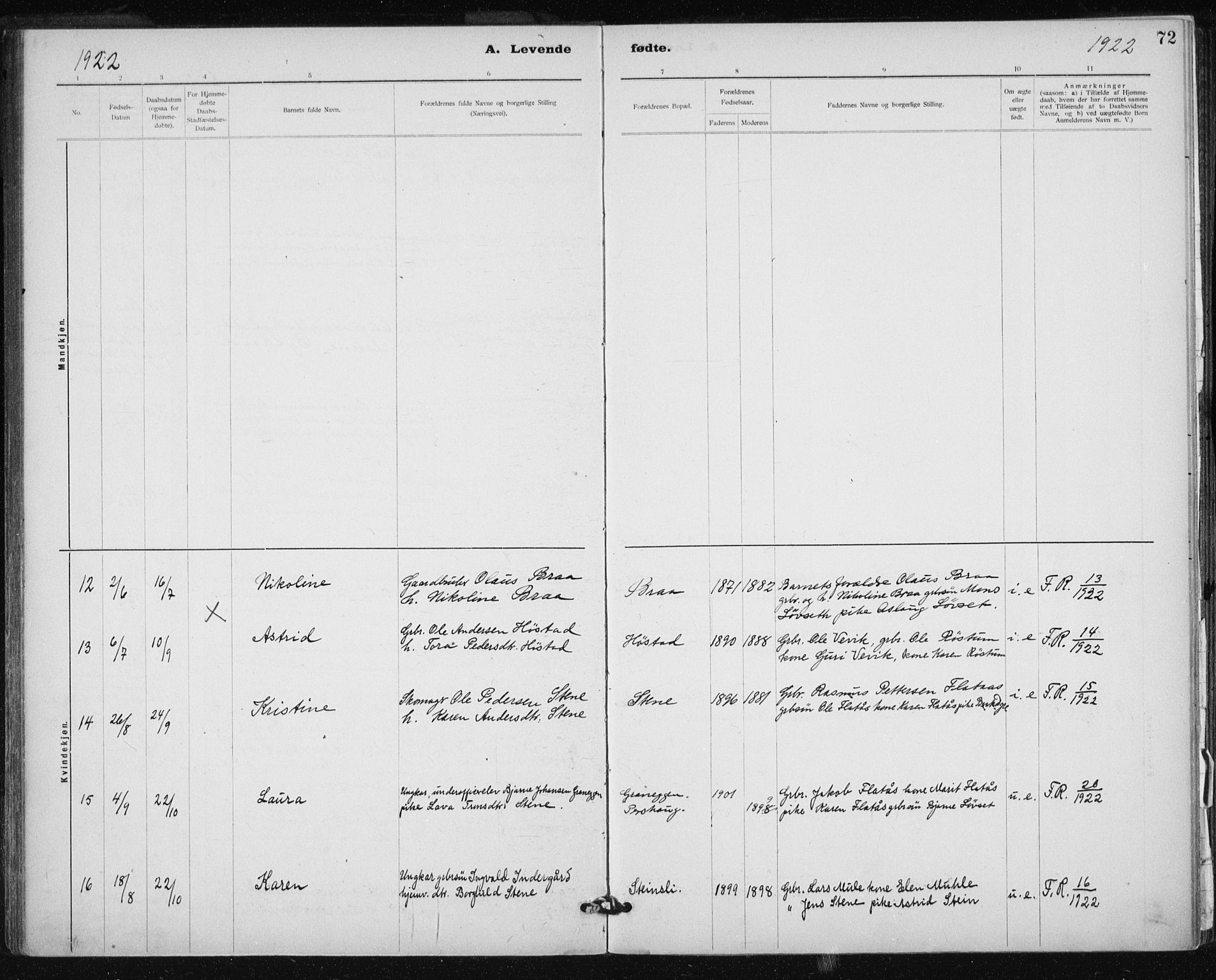 Ministerialprotokoller, klokkerbøker og fødselsregistre - Sør-Trøndelag, AV/SAT-A-1456/612/L0381: Parish register (official) no. 612A13, 1907-1923, p. 72