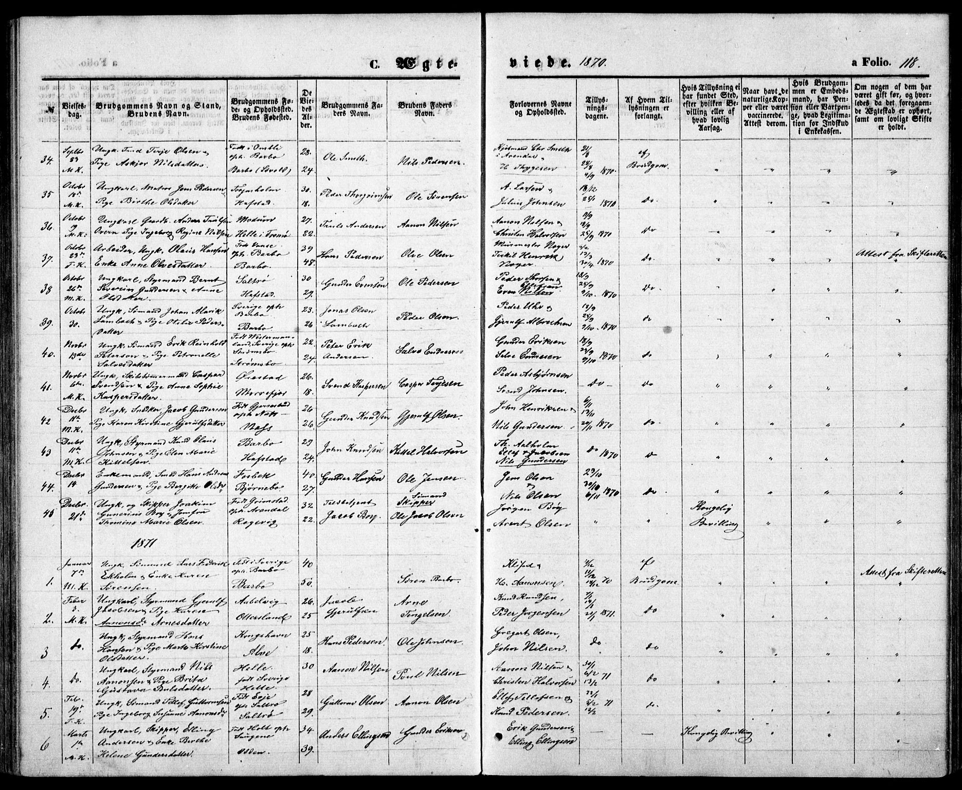 Tromøy sokneprestkontor, SAK/1111-0041/F/Fb/L0004: Parish register (copy) no. B 4, 1869-1877, p. 118