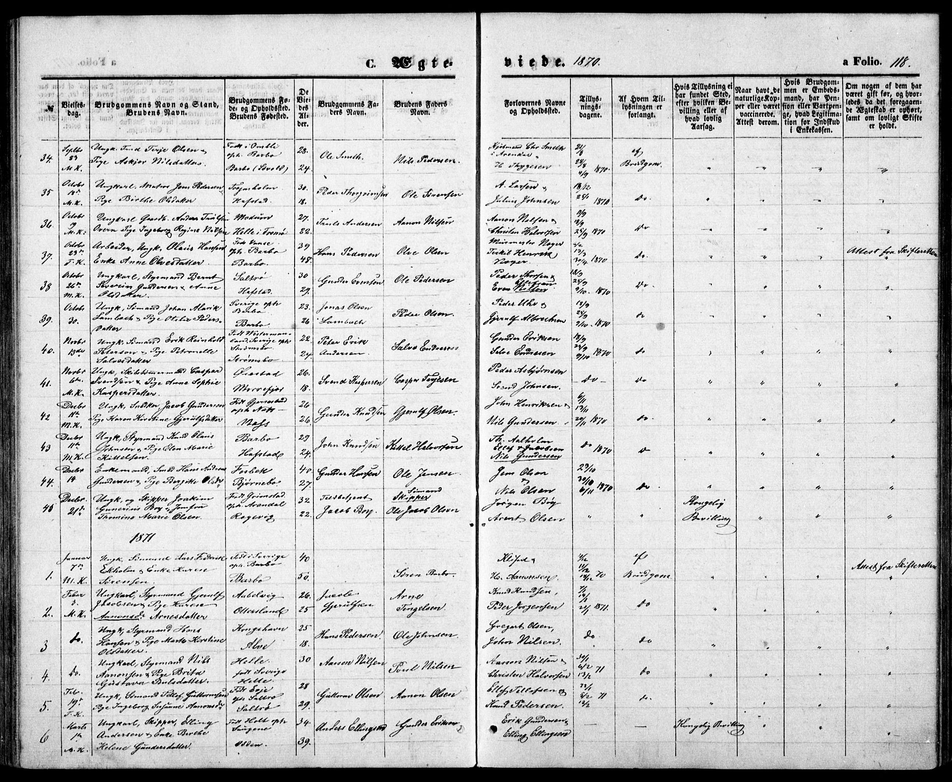 Tromøy sokneprestkontor, AV/SAK-1111-0041/F/Fb/L0004: Parish register (copy) no. B 4, 1869-1877, p. 118