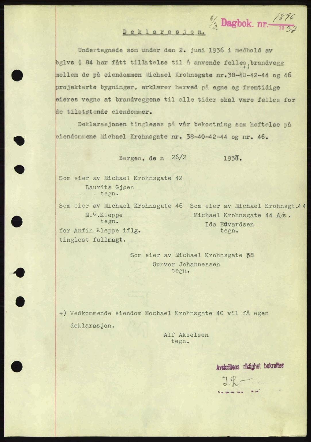 Byfogd og Byskriver i Bergen, SAB/A-3401/03/03Bc/L0004: Mortgage book no. A3-4, 1936-1937, Diary no: : 1896/1937