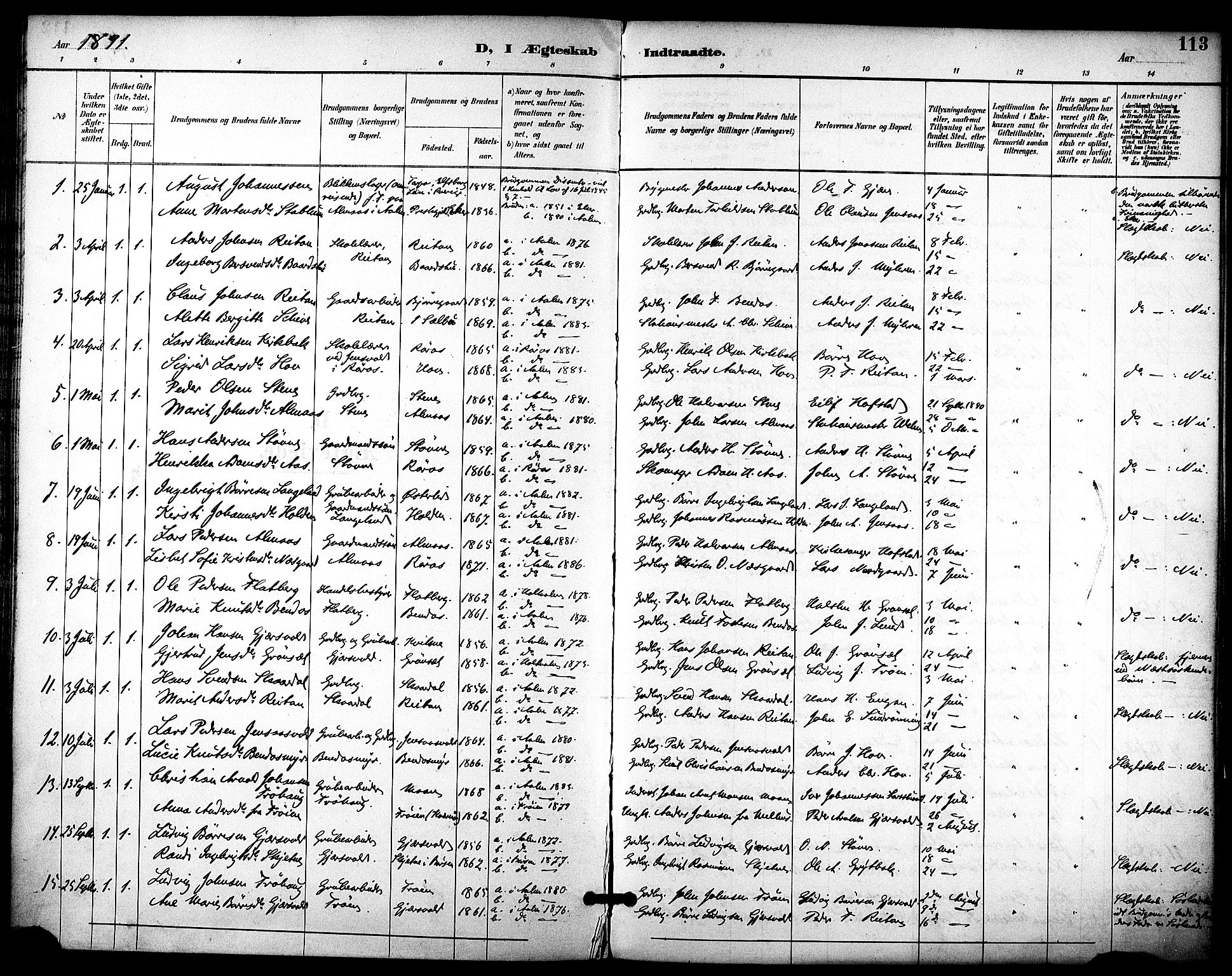 Ministerialprotokoller, klokkerbøker og fødselsregistre - Sør-Trøndelag, SAT/A-1456/686/L0984: Parish register (official) no. 686A02, 1891-1906, p. 113