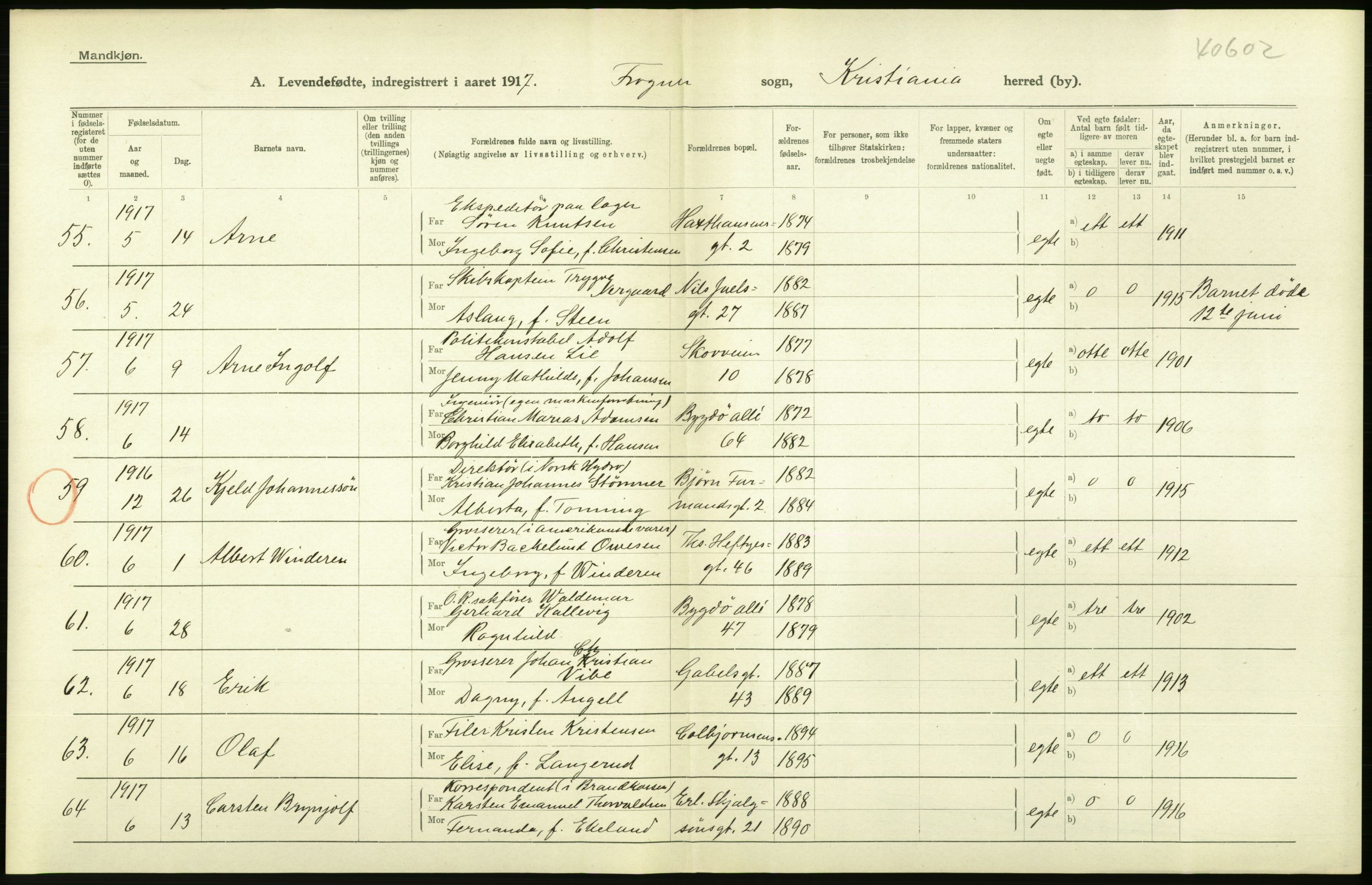 Statistisk sentralbyrå, Sosiodemografiske emner, Befolkning, AV/RA-S-2228/D/Df/Dfb/Dfbg/L0007: Kristiania: Levendefødte menn og kvinner., 1917, p. 236