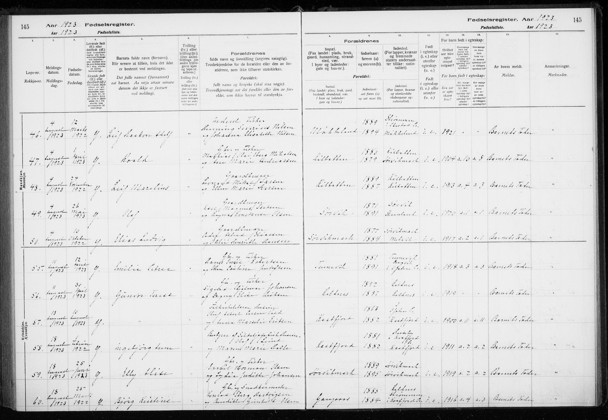 Trondenes sokneprestkontor, AV/SATØ-S-1319/I/Ia/L0089: Birth register no. 89, 1916-1925, p. 145