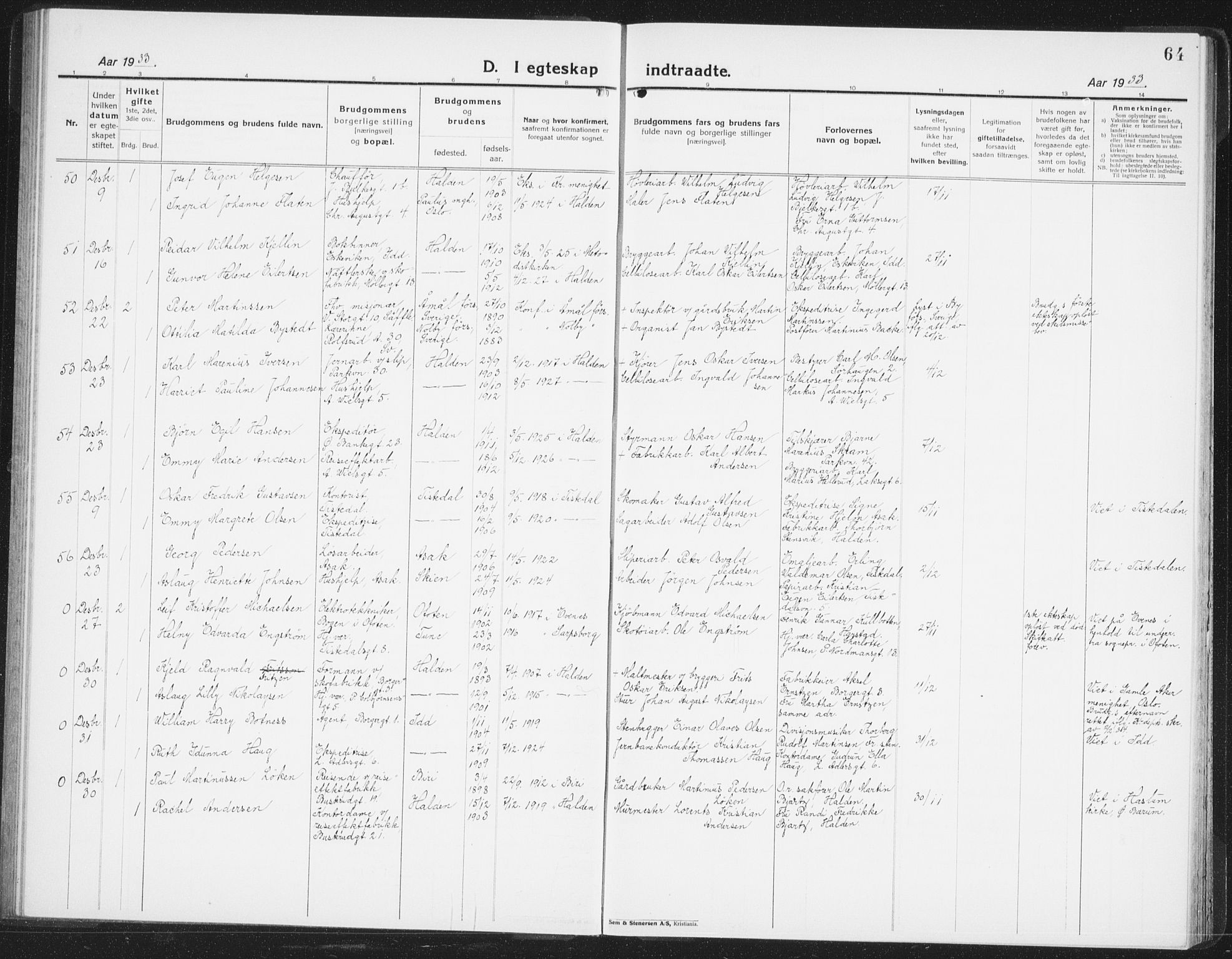 Halden prestekontor Kirkebøker, AV/SAO-A-10909/G/Ga/L0014: Parish register (copy) no. 14, 1925-1943, p. 64