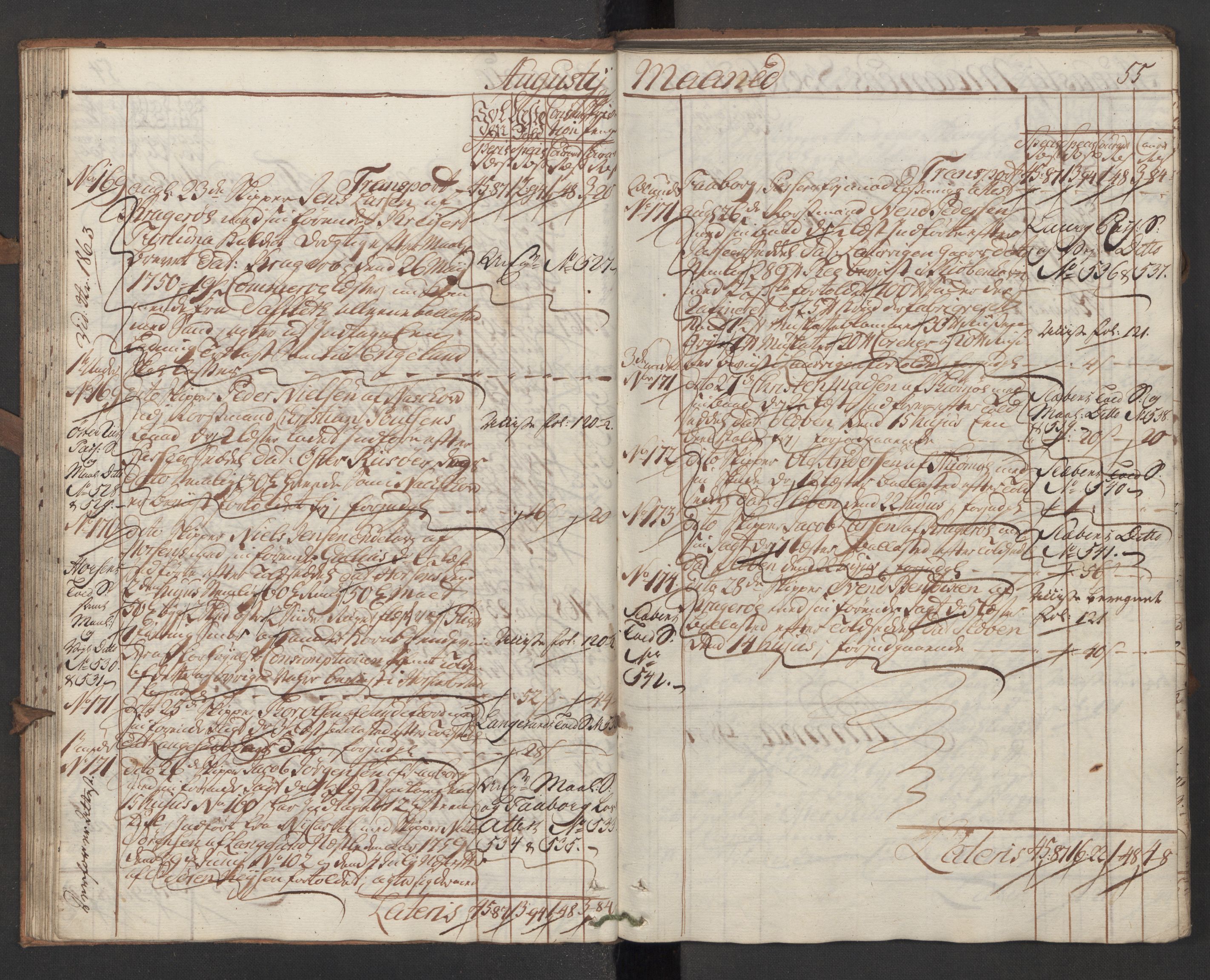 Generaltollkammeret, tollregnskaper, AV/RA-EA-5490/R13/L0028/0001: Tollregnskaper Kragerø / Inngående hovedtollbok, 1760, p. 54b-55a