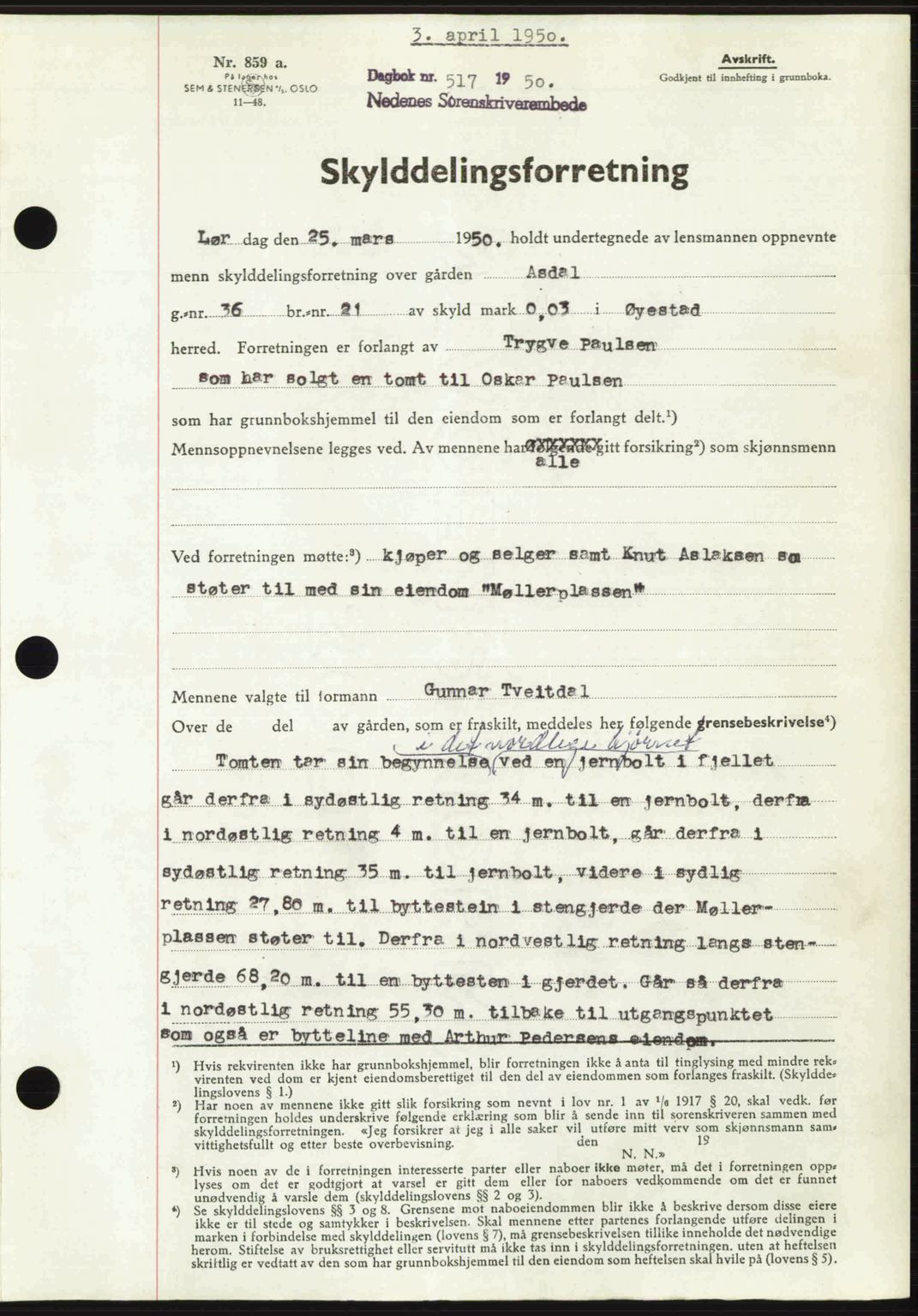 Nedenes sorenskriveri, AV/SAK-1221-0006/G/Gb/Gba/L0062: Mortgage book no. A14, 1949-1950, Diary no: : 517/1950