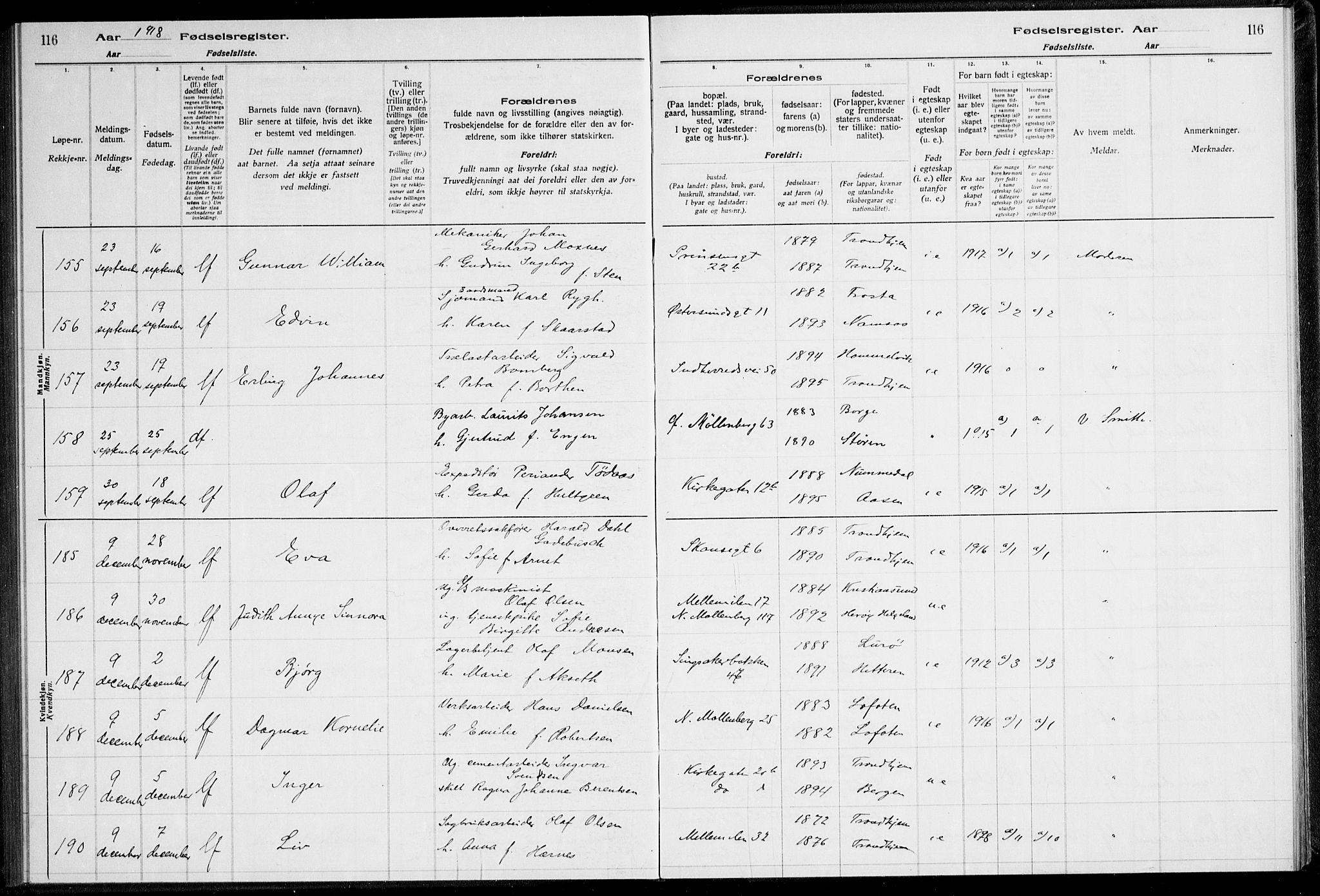 Ministerialprotokoller, klokkerbøker og fødselsregistre - Sør-Trøndelag, SAT/A-1456/600/L0002: Birth register no. 600.II.4.1, 1916-1920, p. 116
