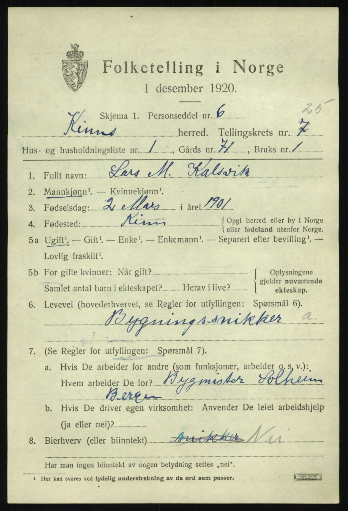 SAB, 1920 census for Kinn, 1920, p. 8715