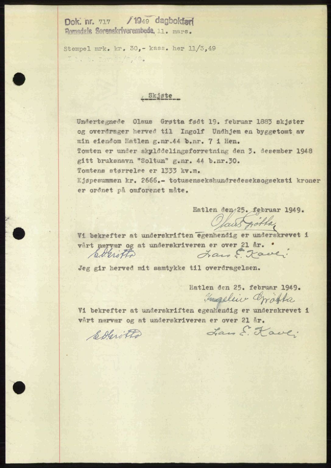 Romsdal sorenskriveri, AV/SAT-A-4149/1/2/2C: Mortgage book no. A29, 1949-1949, Diary no: : 717/1949