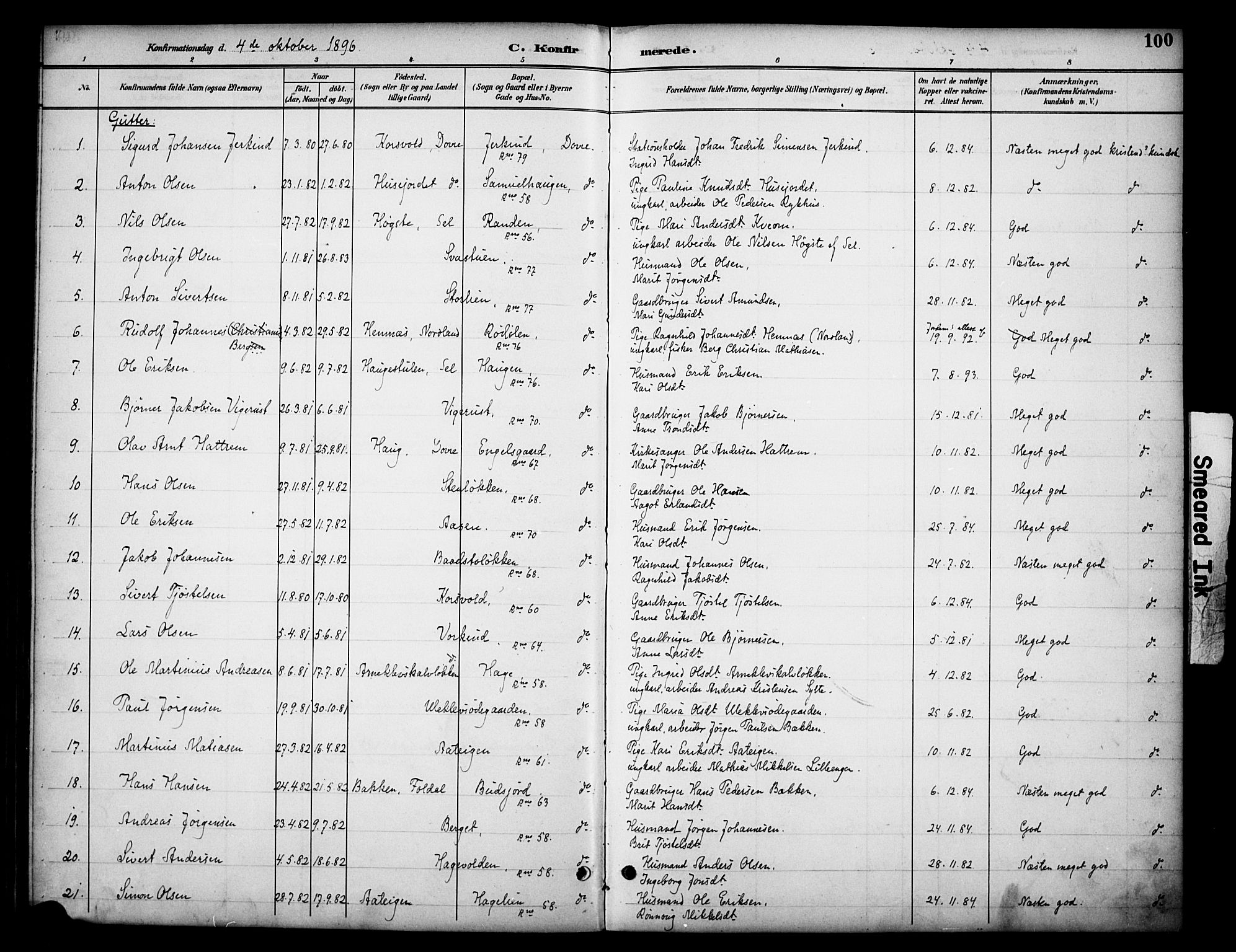 Dovre prestekontor, AV/SAH-PREST-066/H/Ha/Haa/L0003: Parish register (official) no. 3, 1891-1901, p. 100