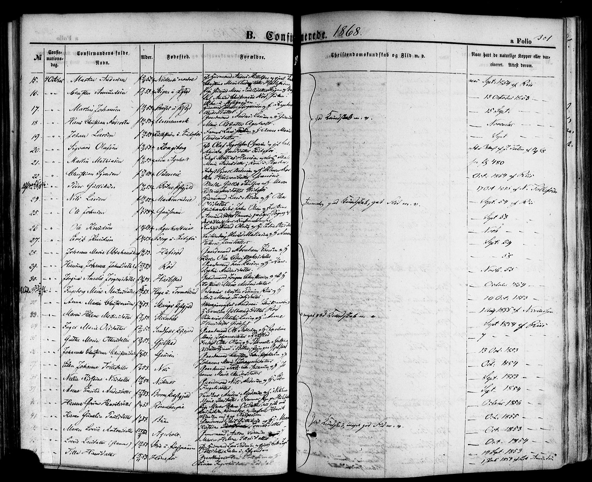 Hof kirkebøker, AV/SAKO-A-64/F/Fa/L0006: Parish register (official) no. I 6, 1851-1877, p. 301