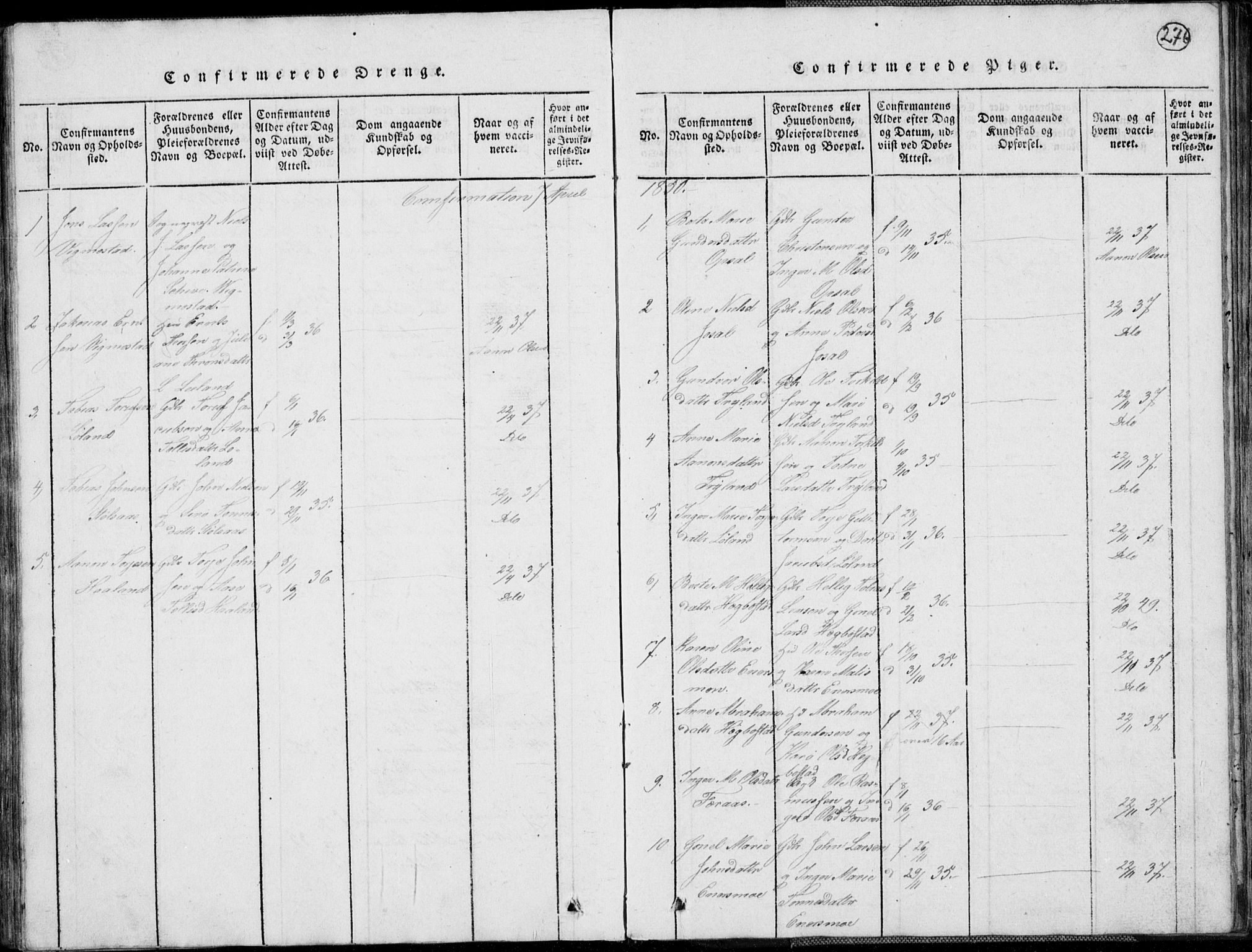 Nord-Audnedal sokneprestkontor, AV/SAK-1111-0032/F/Fb/Fbb/L0001: Parish register (copy) no. B 1, 1816-1858, p. 276