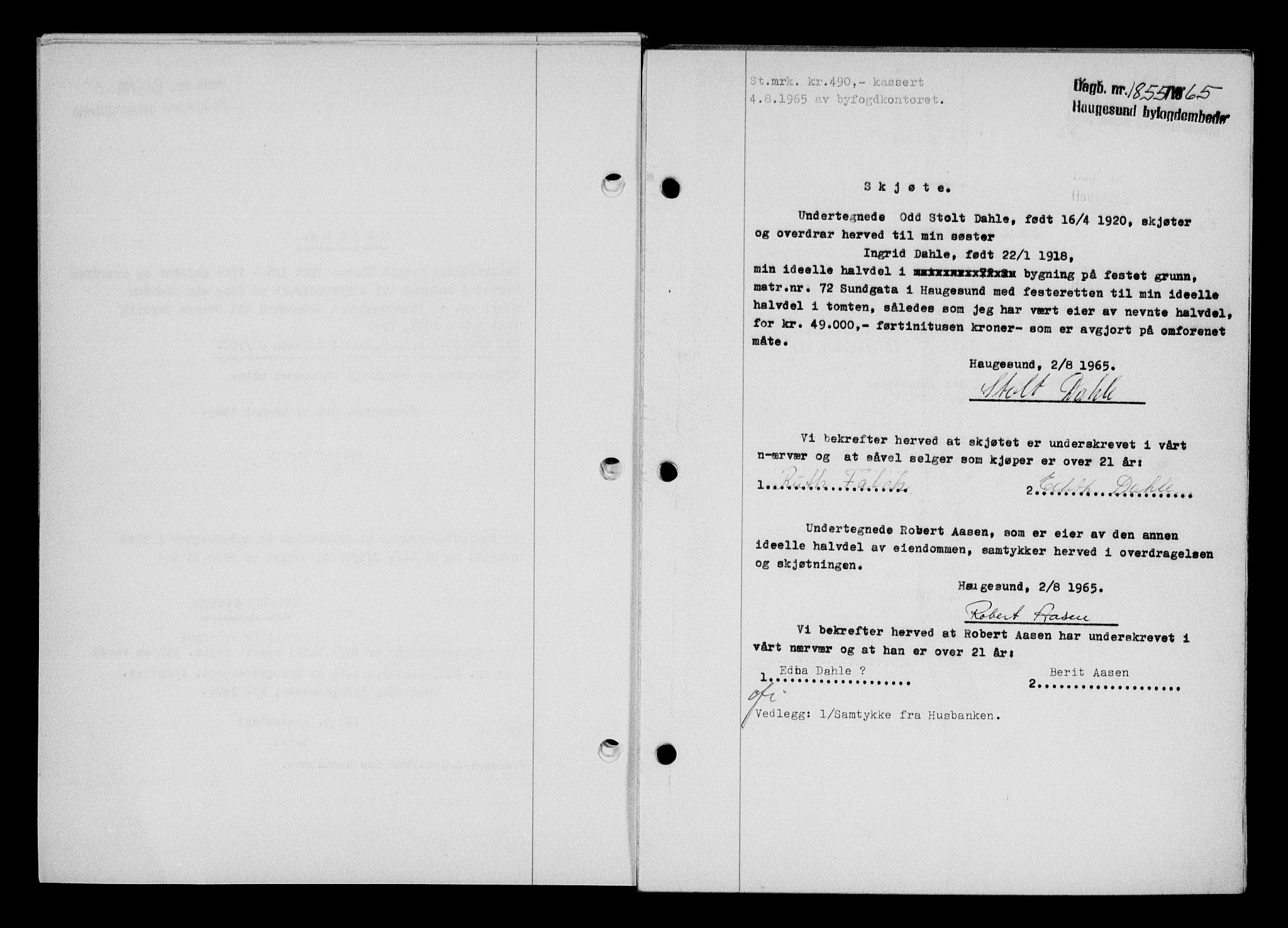 Haugesund tingrett, AV/SAST-A-101415/01/II/IIC/L0076: Mortgage book no. A 17, 1965-1966, Diary no: : 1855/1965