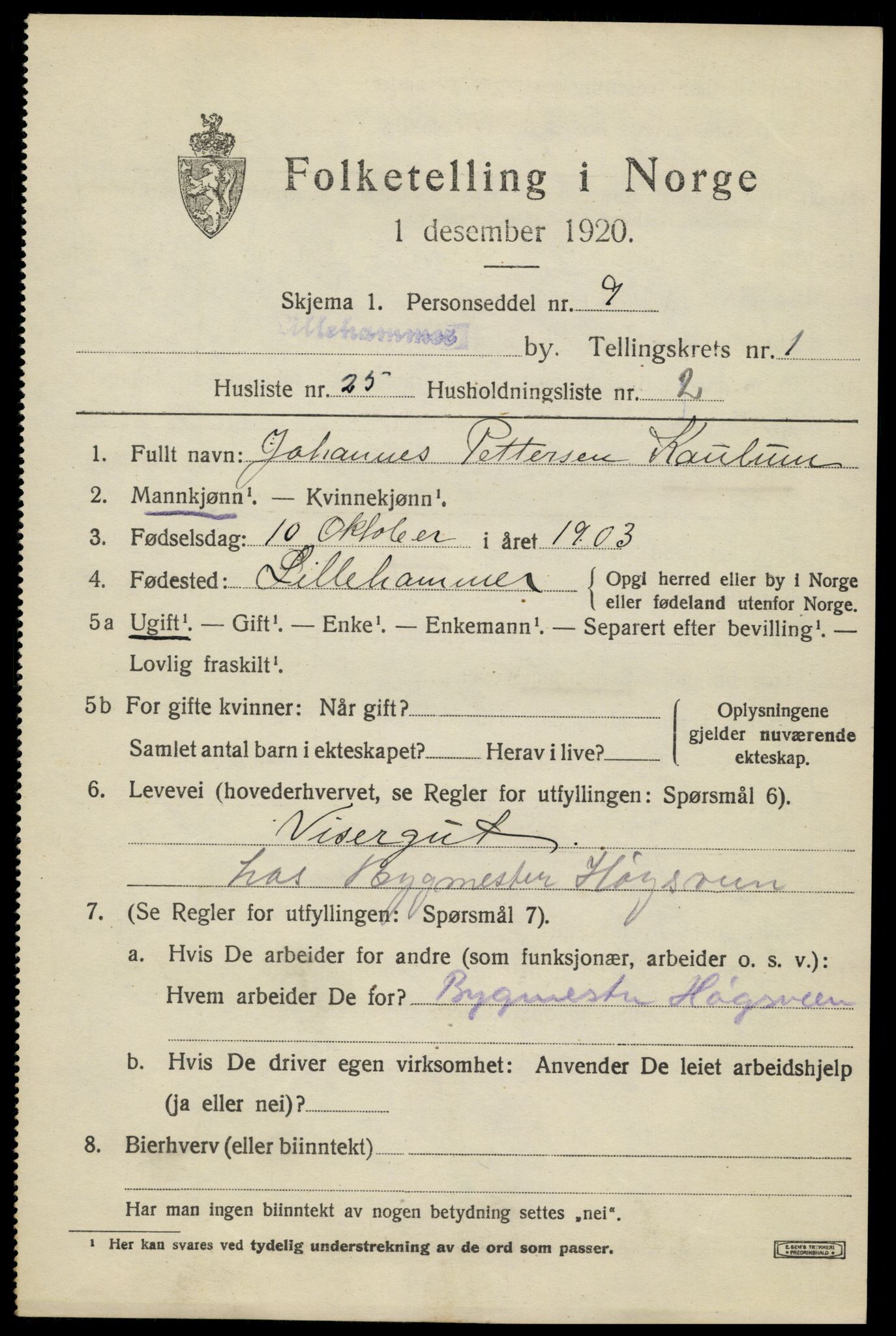 SAH, 1920 census for Lillehammer, 1920, p. 4138
