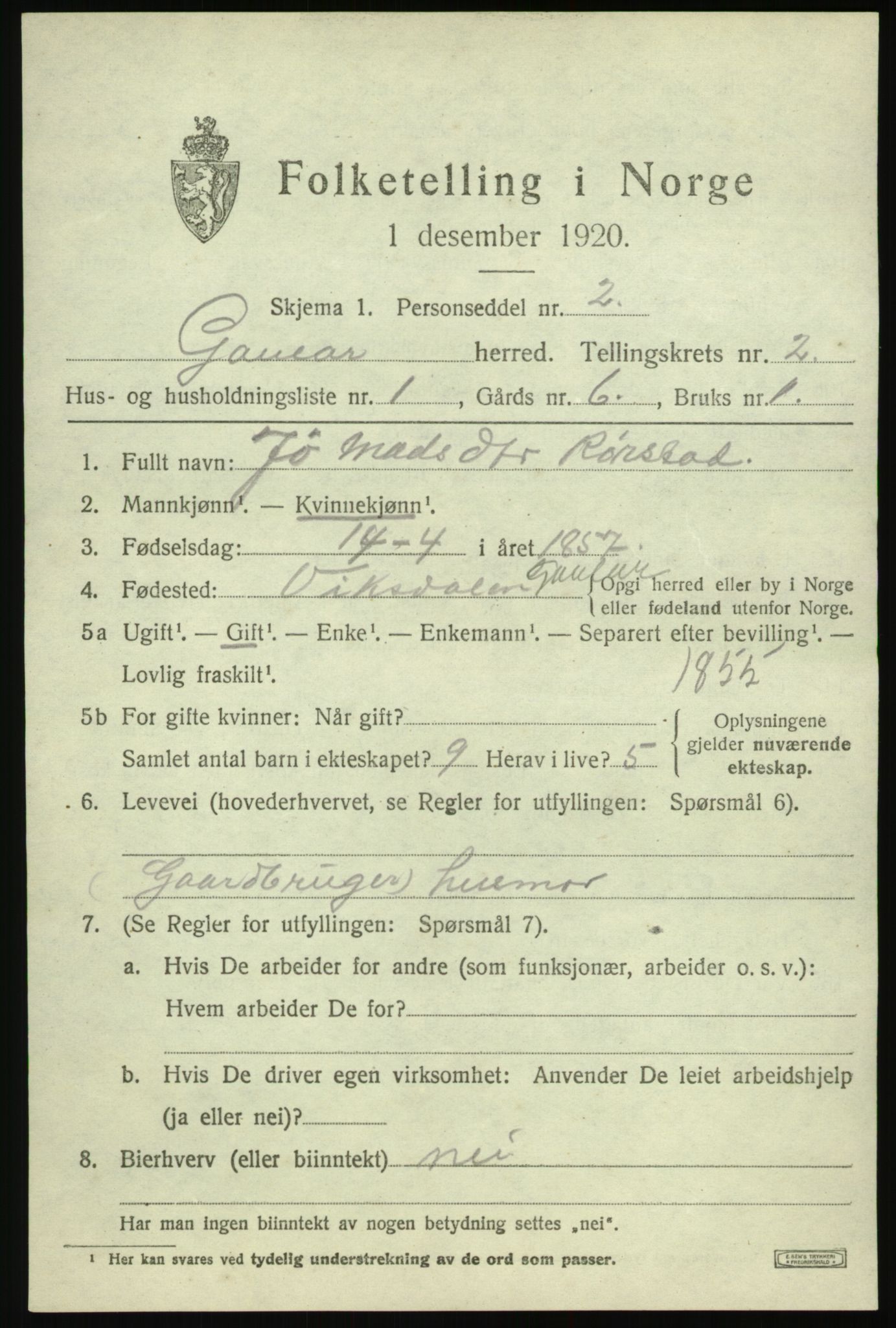 SAB, 1920 census for Gaular, 1920, p. 1552