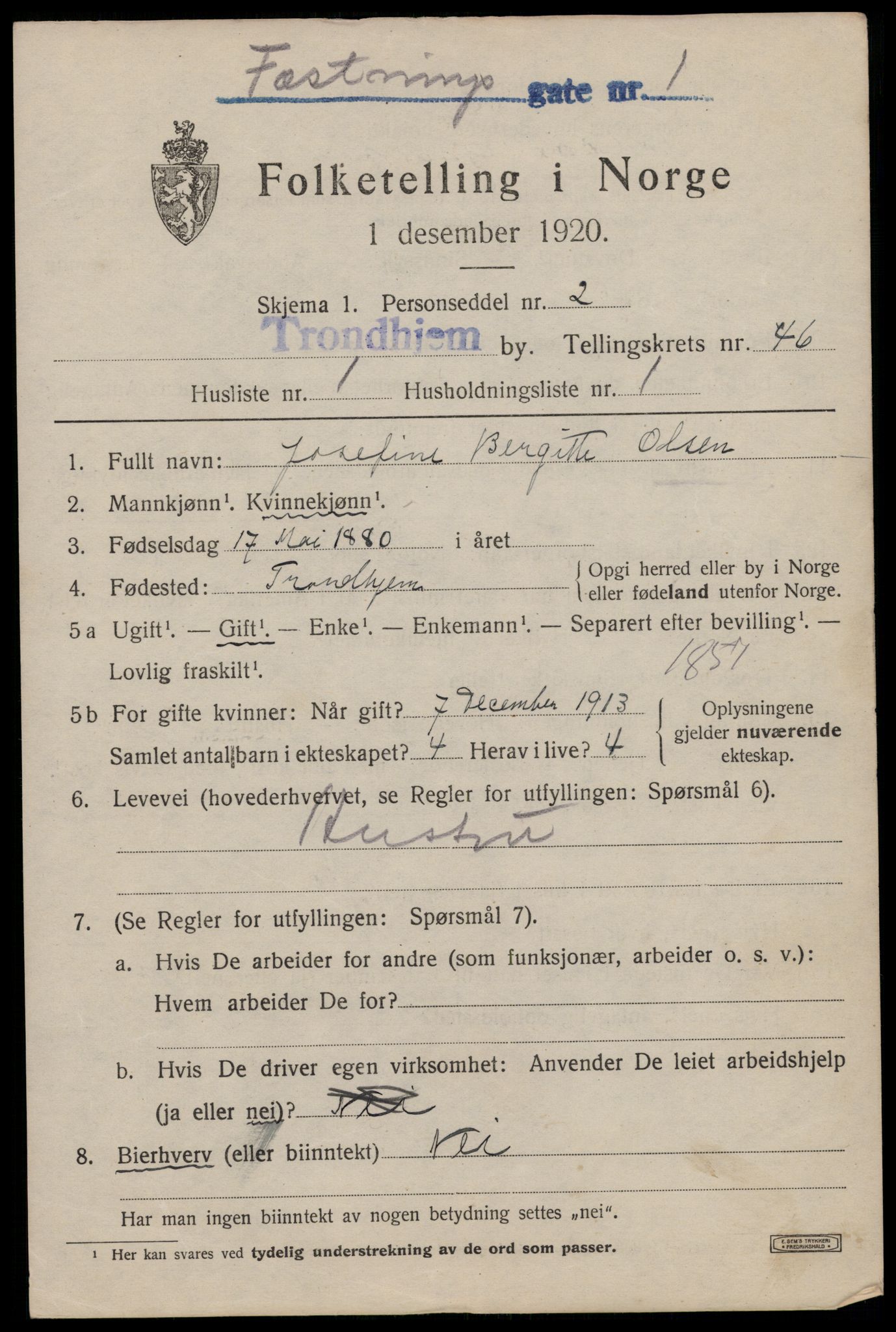 SAT, 1920 census for Trondheim, 1920, p. 97606