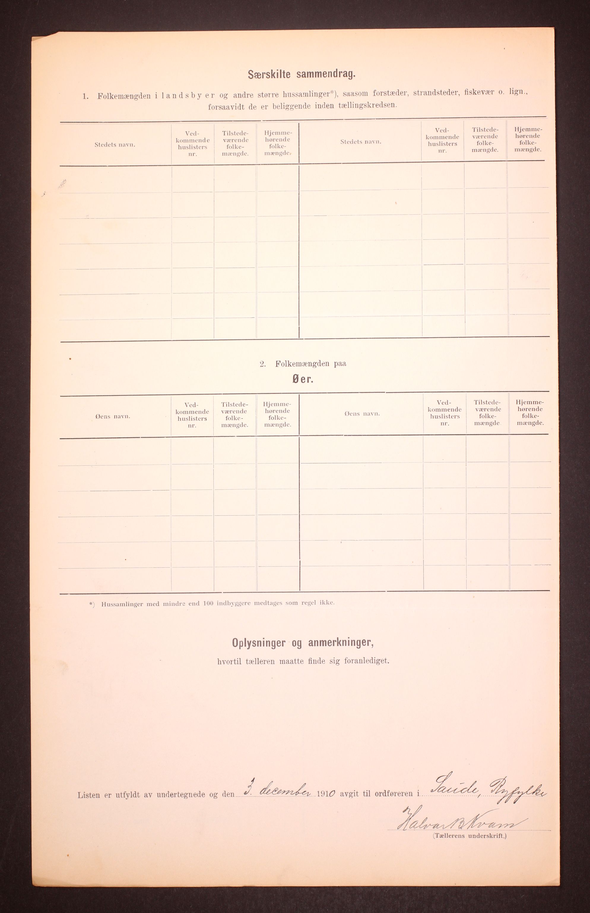 RA, 1910 census for Sauda, 1910, p. 9