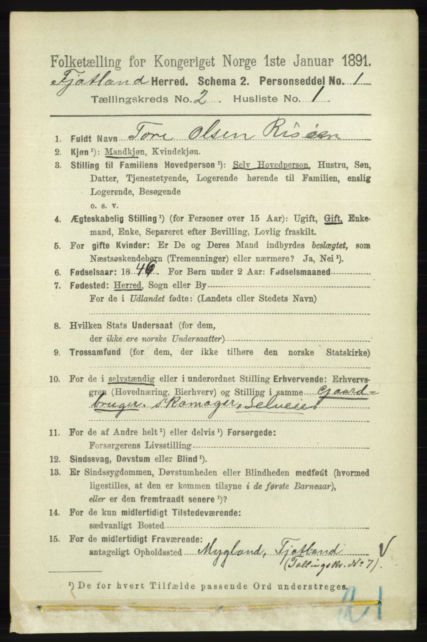 RA, 1891 census for 1036 Fjotland, 1891, p. 236