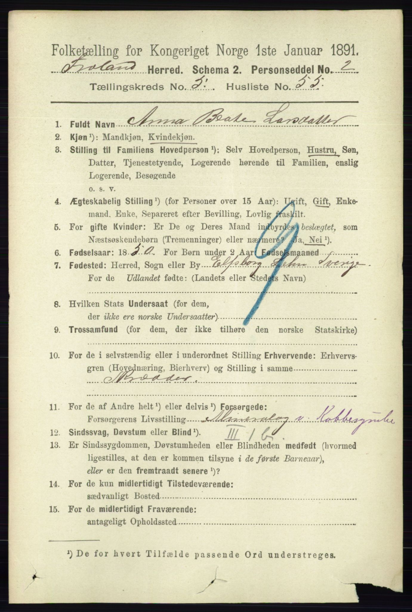 RA, 1891 census for 0919 Froland, 1891, p. 2127