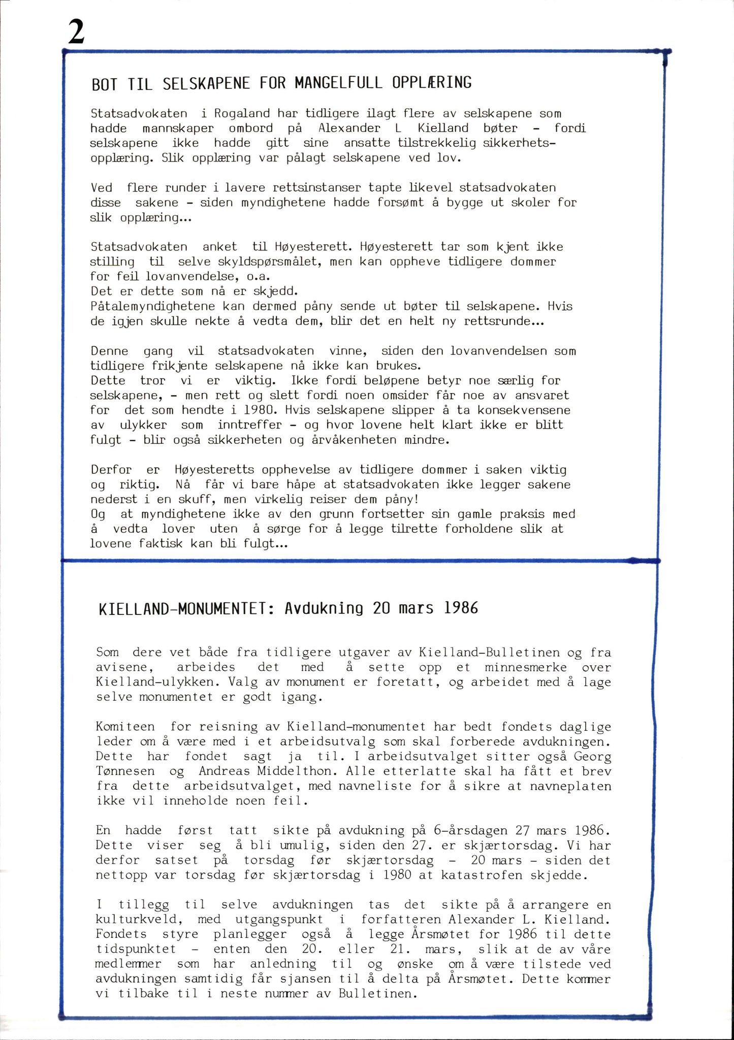 Pa 1660 - Kielland- fondet, AV/SAST-A-102242/X/Xa/L0001: Rapport til overlevende og etterlatte/ Kielland Bulletin, 1980-1998