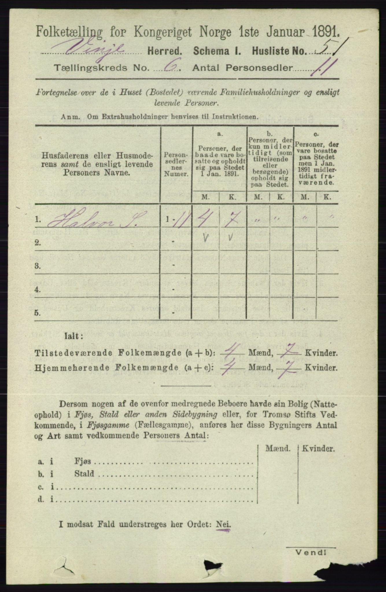 RA, 1891 census for 0834 Vinje, 1891, p. 1407