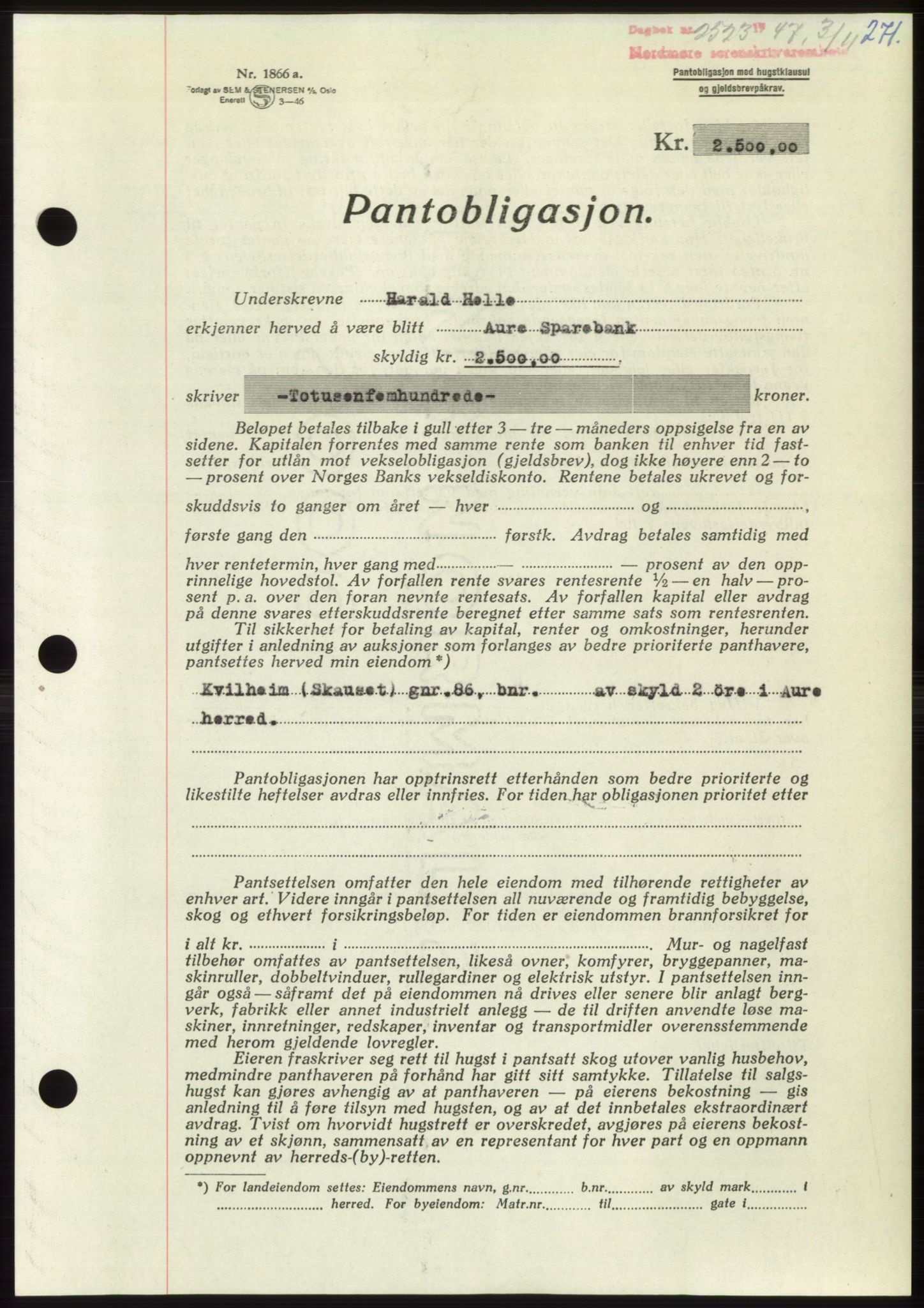 Nordmøre sorenskriveri, AV/SAT-A-4132/1/2/2Ca: Mortgage book no. B97, 1947-1948, Diary no: : 2523/1947