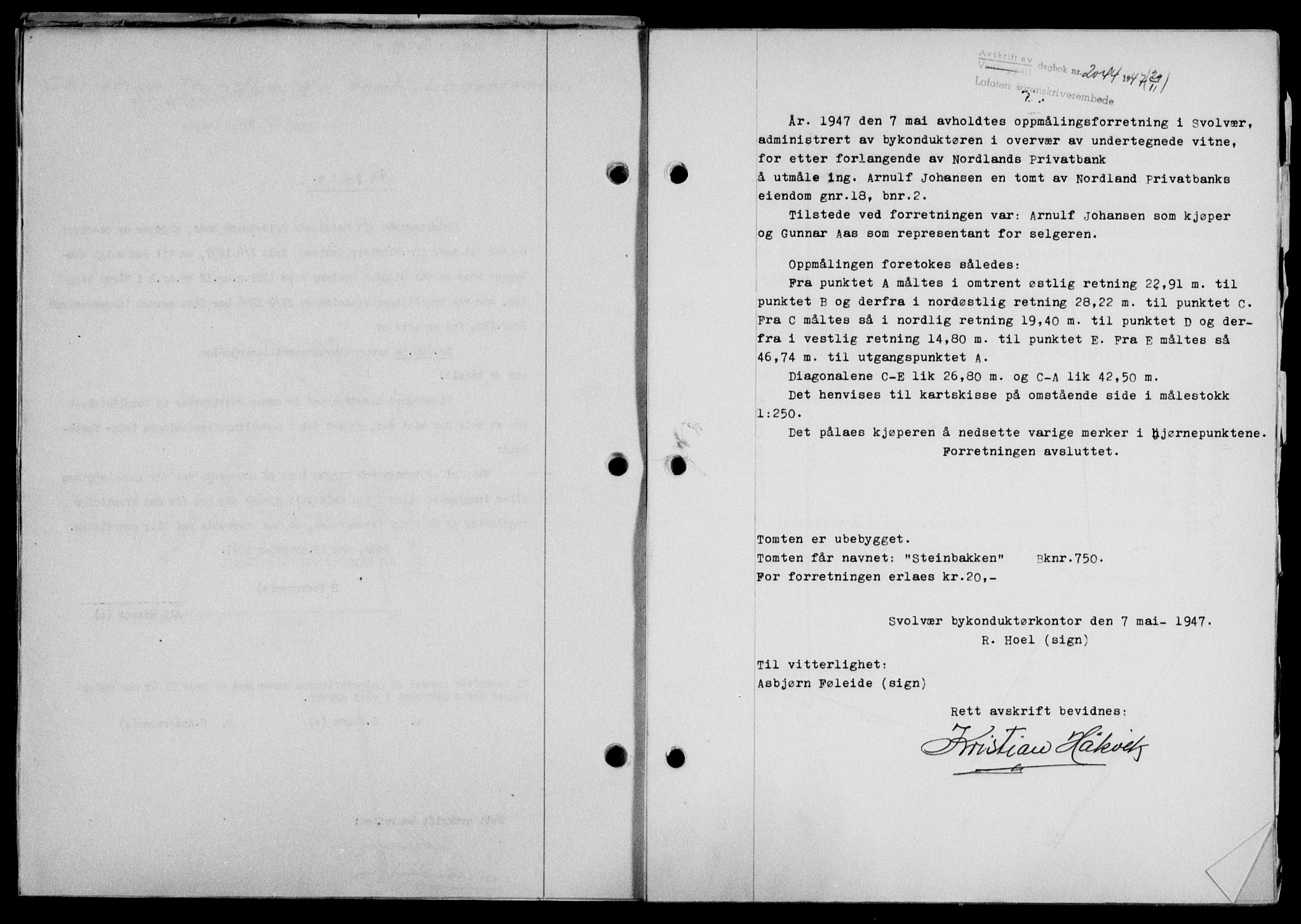 Lofoten sorenskriveri, SAT/A-0017/1/2/2C/L0017a: Mortgage book no. 17a, 1947-1948, Diary no: : 2044/1947