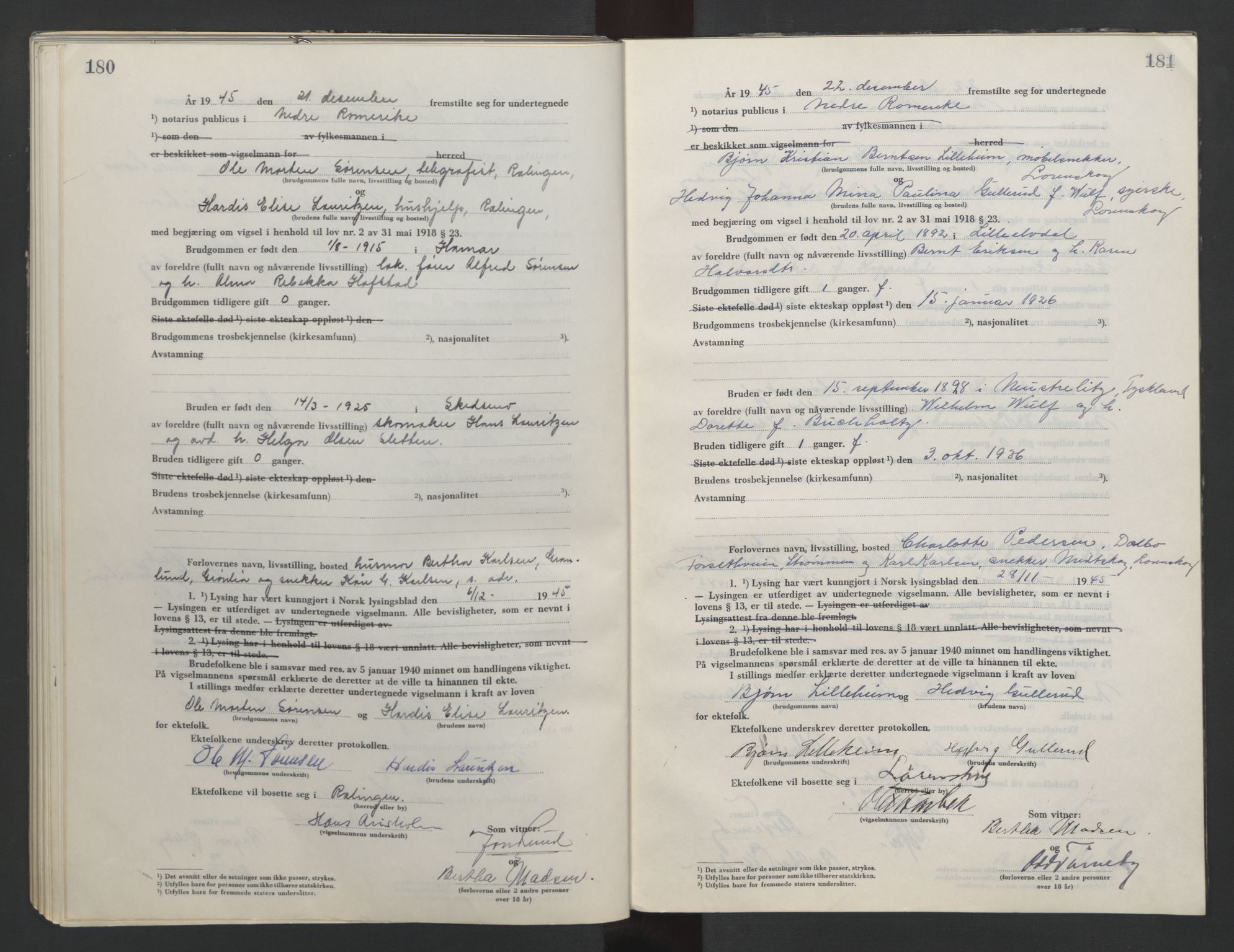 Nedre Romerike sorenskriveri, AV/SAO-A-10469/L/Lb/L0006: Vigselsbok - borgerlige vielser, 1944-1946, p. 180-181
