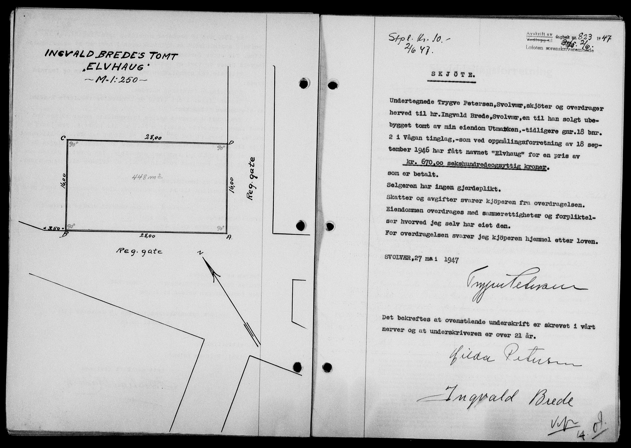 Lofoten sorenskriveri, SAT/A-0017/1/2/2C/L0016a: Mortgage book no. 16a, 1947-1947, Diary no: : 823/1947