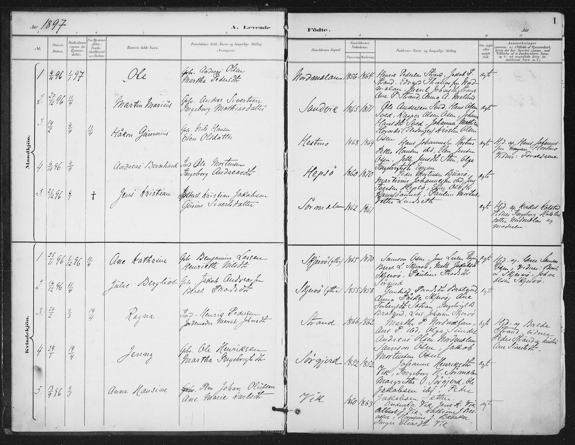 Ministerialprotokoller, klokkerbøker og fødselsregistre - Sør-Trøndelag, SAT/A-1456/658/L0723: Parish register (official) no. 658A02, 1897-1912, p. 1