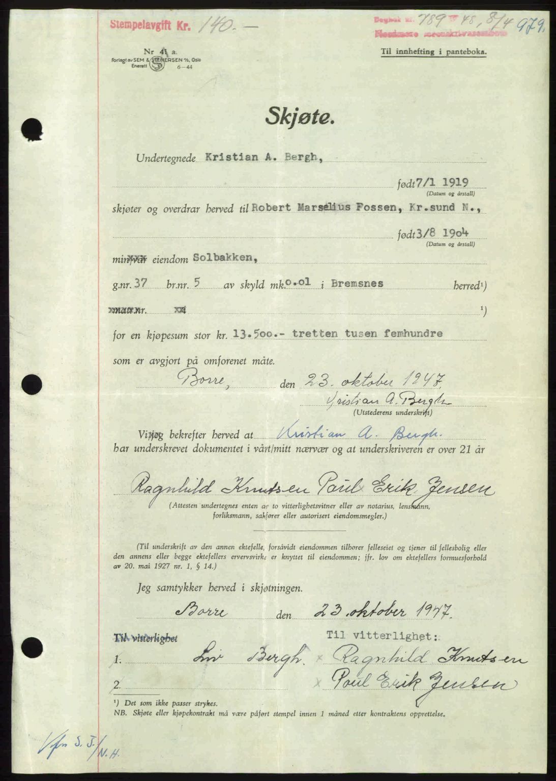 Nordmøre sorenskriveri, AV/SAT-A-4132/1/2/2Ca: Mortgage book no. A107, 1947-1948, Diary no: : 789/1948