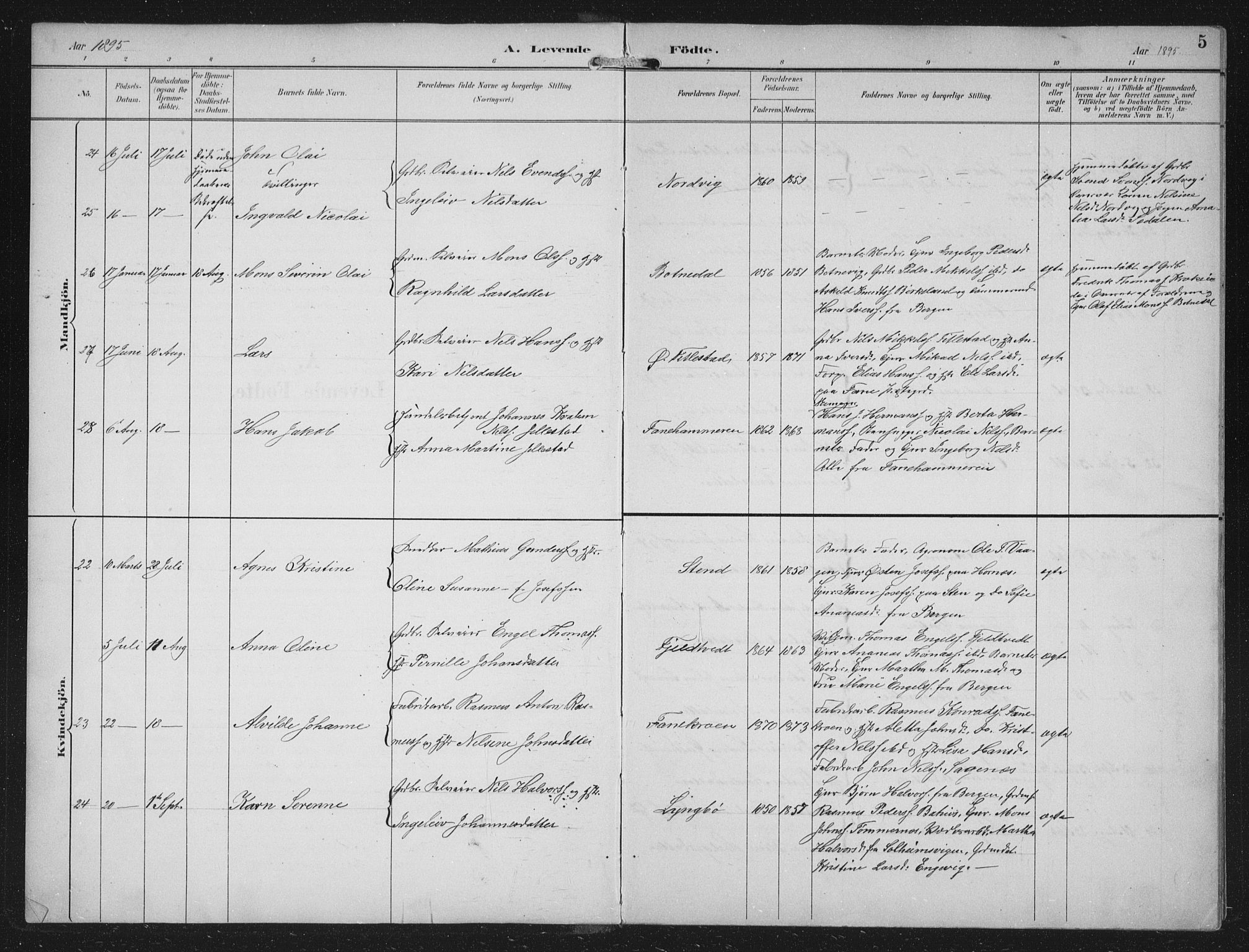 Fana Sokneprestembete, SAB/A-75101/H/Hab/Haba/L0003: Parish register (copy) no. A 3, 1895-1902, p. 5