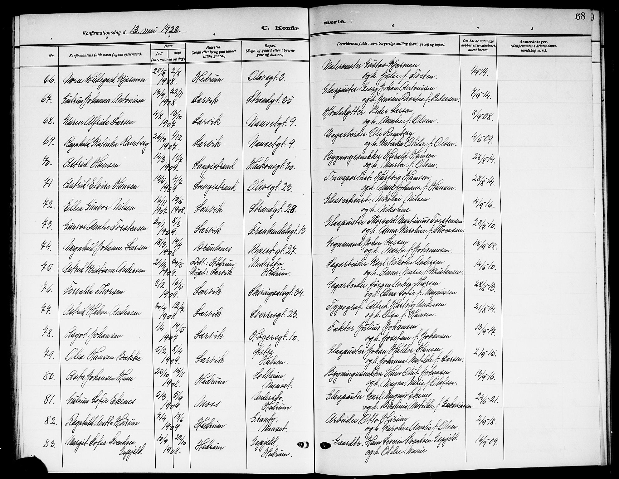 Larvik kirkebøker, AV/SAKO-A-352/G/Ga/L0009: Parish register (copy) no. I 9, 1918-1923, p. 68