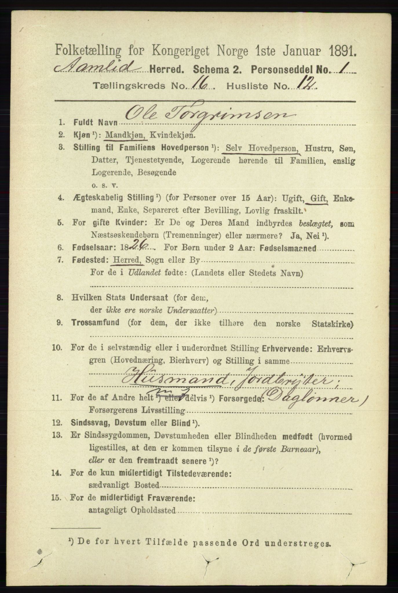 RA, 1891 census for 0929 Åmli, 1891, p. 2770