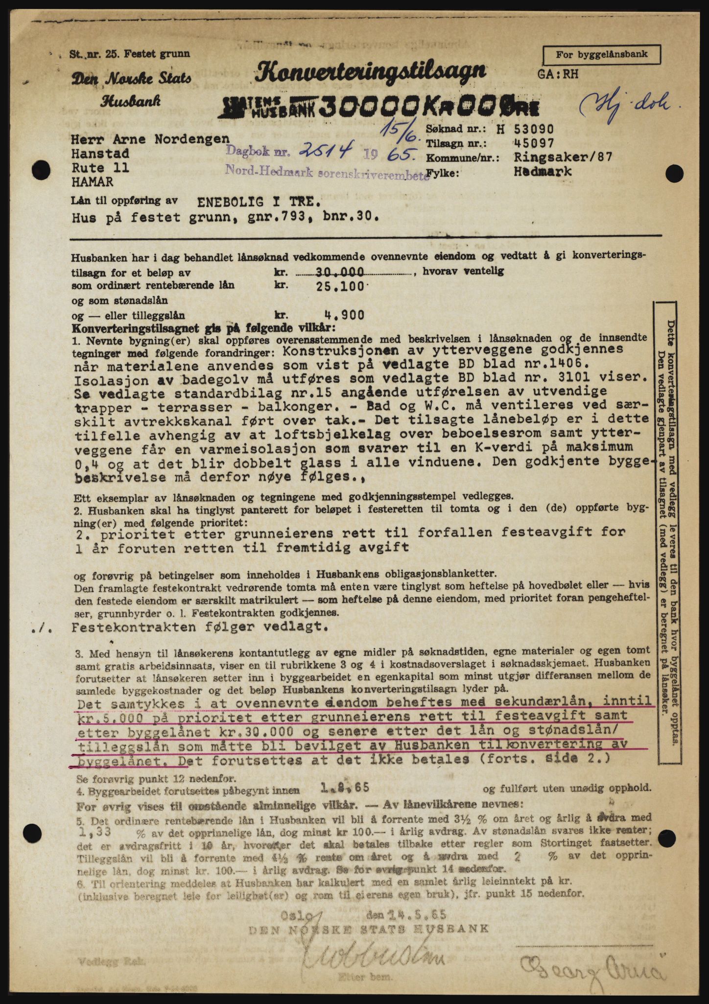 Nord-Hedmark sorenskriveri, SAH/TING-012/H/Hc/L0022: Mortgage book no. 22, 1965-1965, Diary no: : 2514/1965