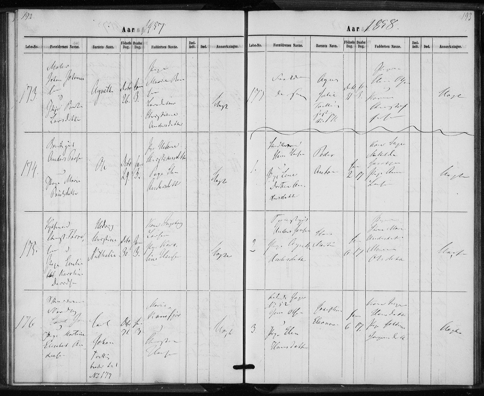 Rikshospitalet prestekontor Kirkebøker, AV/SAO-A-10309b/K/L0002/0001: Baptism register no. 2.1, 1854-1860, p. 192-193